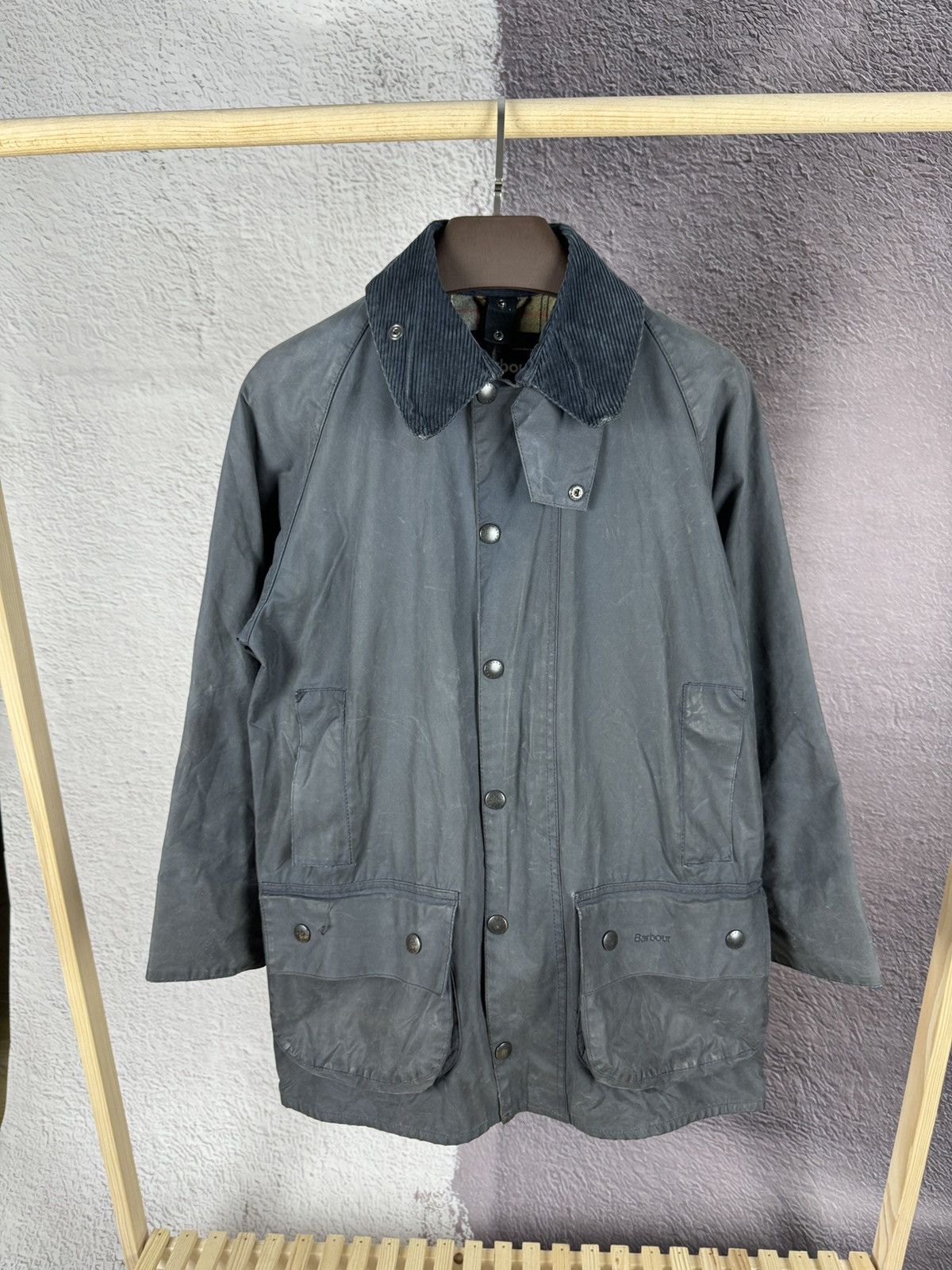 image of Barbour Beaufort Waxed Distressed Jacket Size C38 97 Cm in Navy Blue, Men's