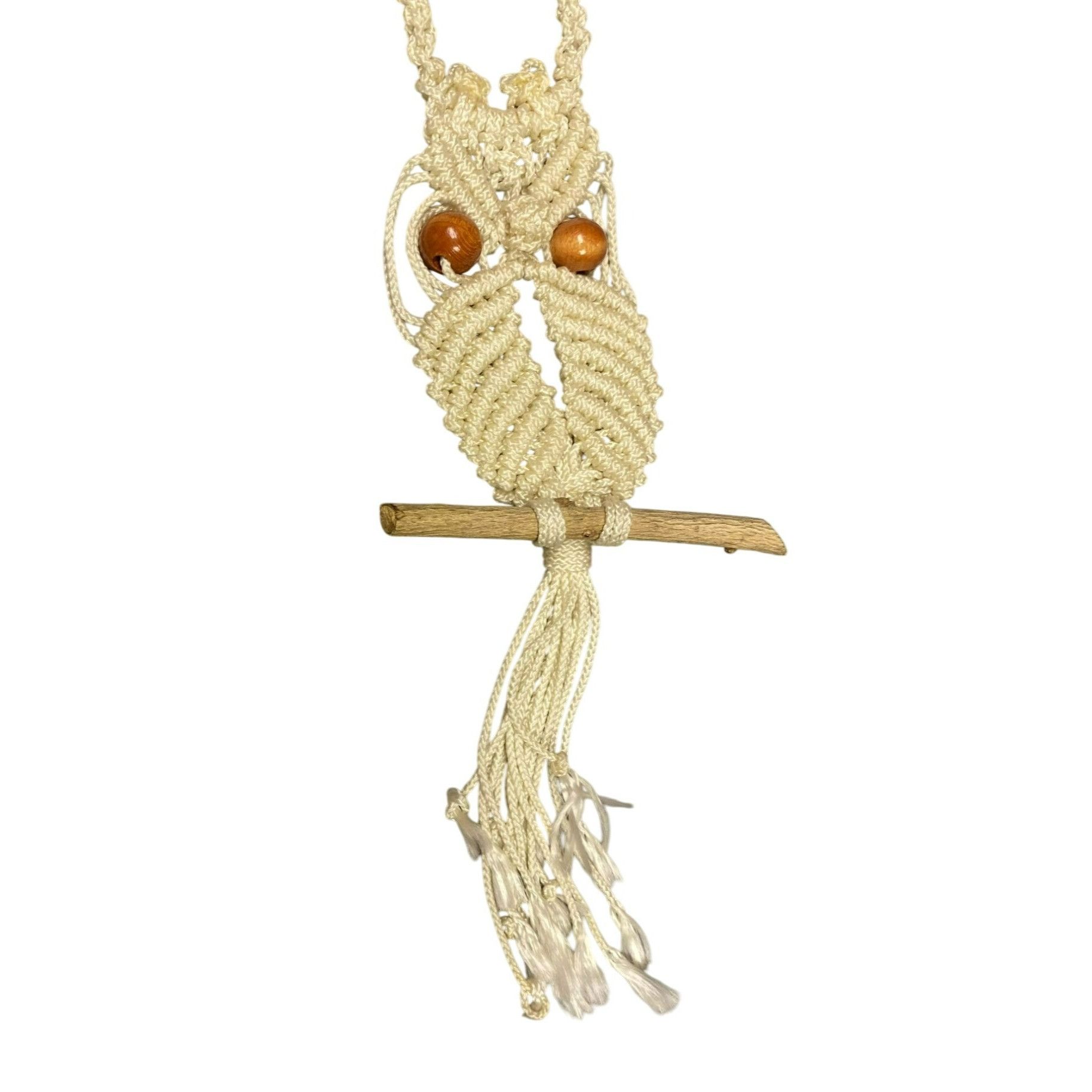 Other Vintage Handmade White Macrame Owl Necklace With Brown Woode Size ONE SIZE - 1 Thumbnail