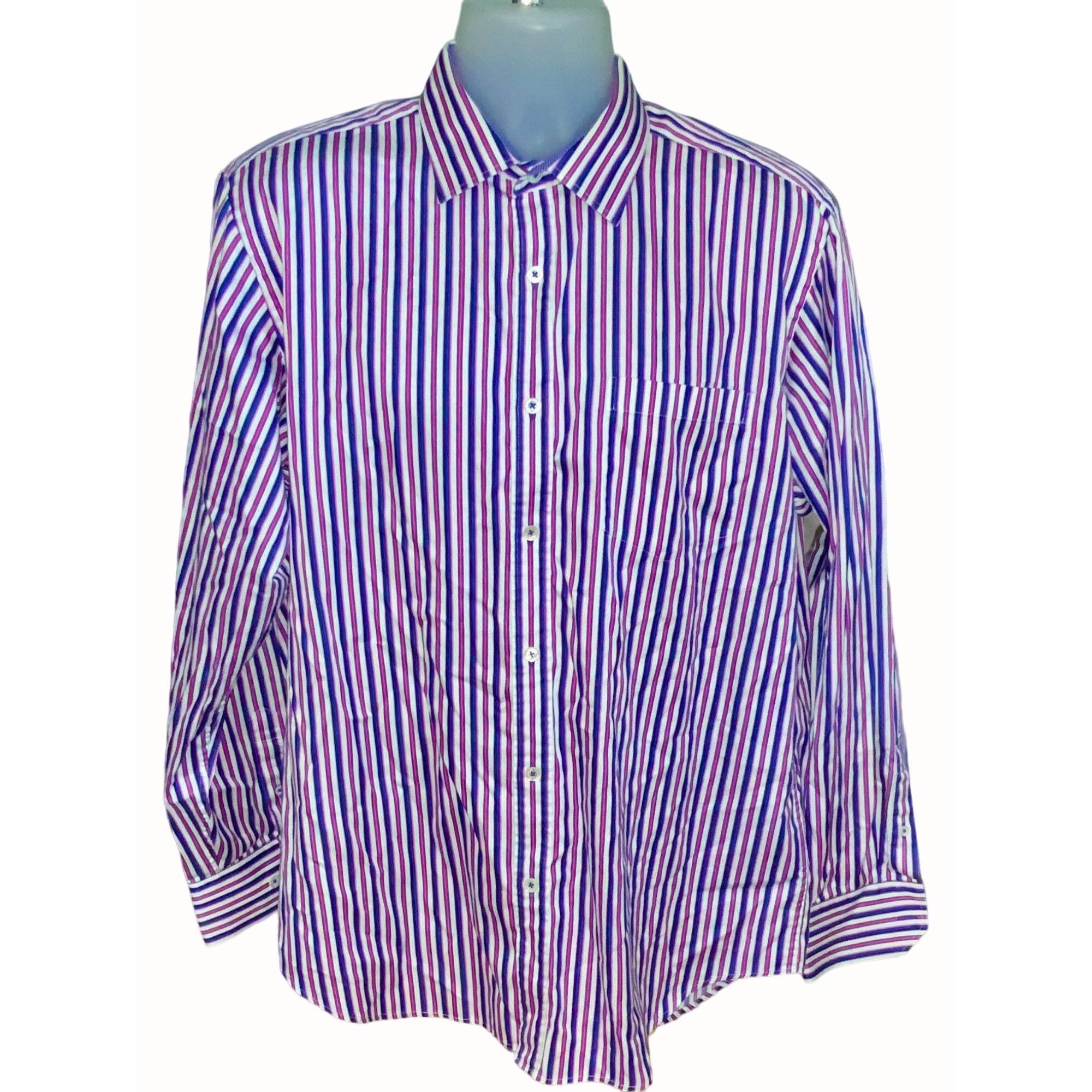 Bugatti Bugatchi Mens Cotton Classic Purple White Striped Shirt XL Size US XL / EU 56 / 4 - 1 Thumbnail