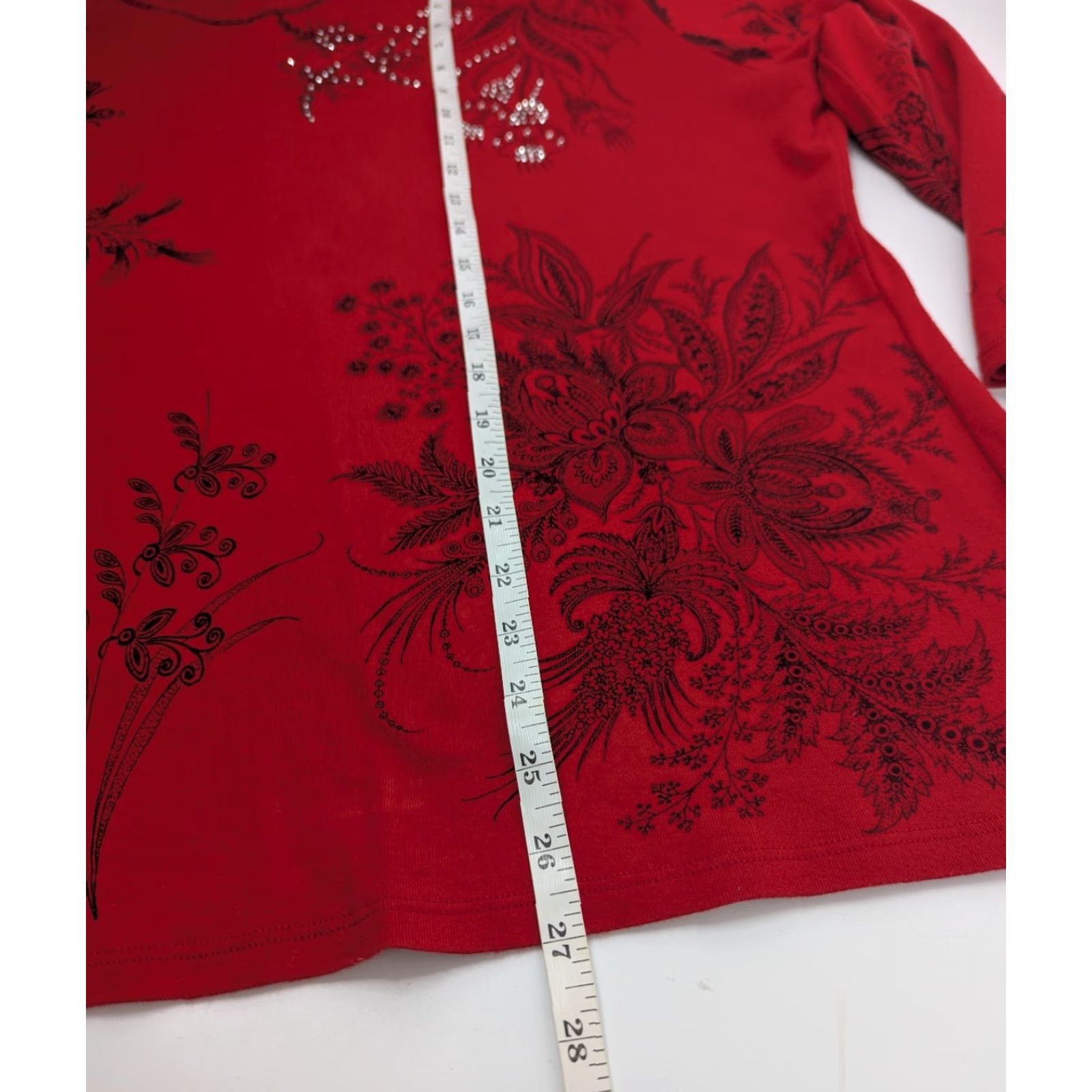 Vintage Jess & Jane Rhinestone Flower Print Red Tunic Top Shirt Blouse USA Women's Vintage Size XXL / US 16-18 / IT 52-54 - 7 Thumbnail