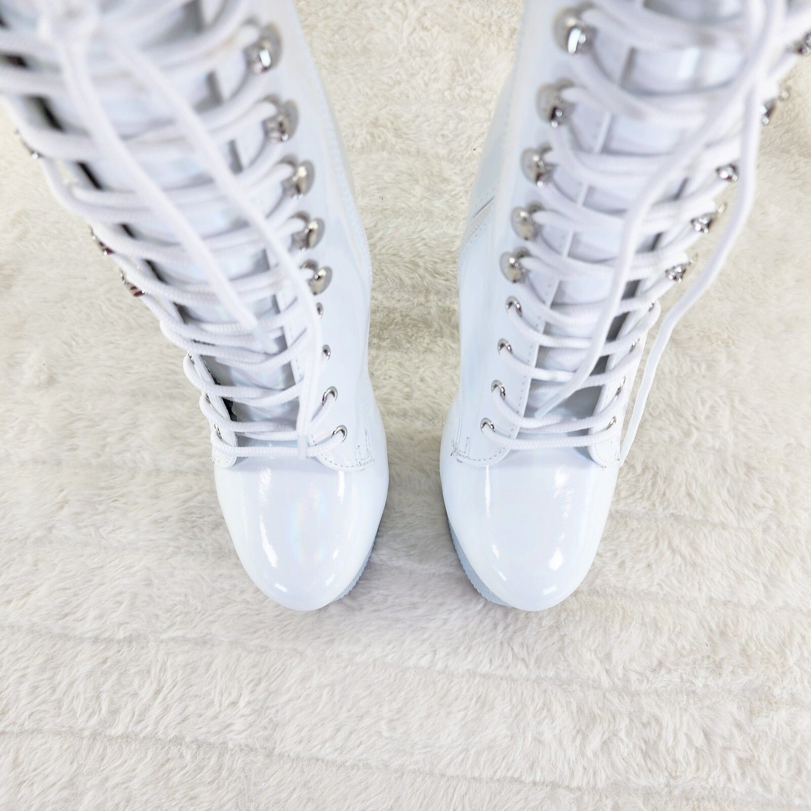Other Bejeweled White Rhinestone Platform Lace Up Ankle Boots 7" H Size US 10 / IT 40 - 6 Thumbnail
