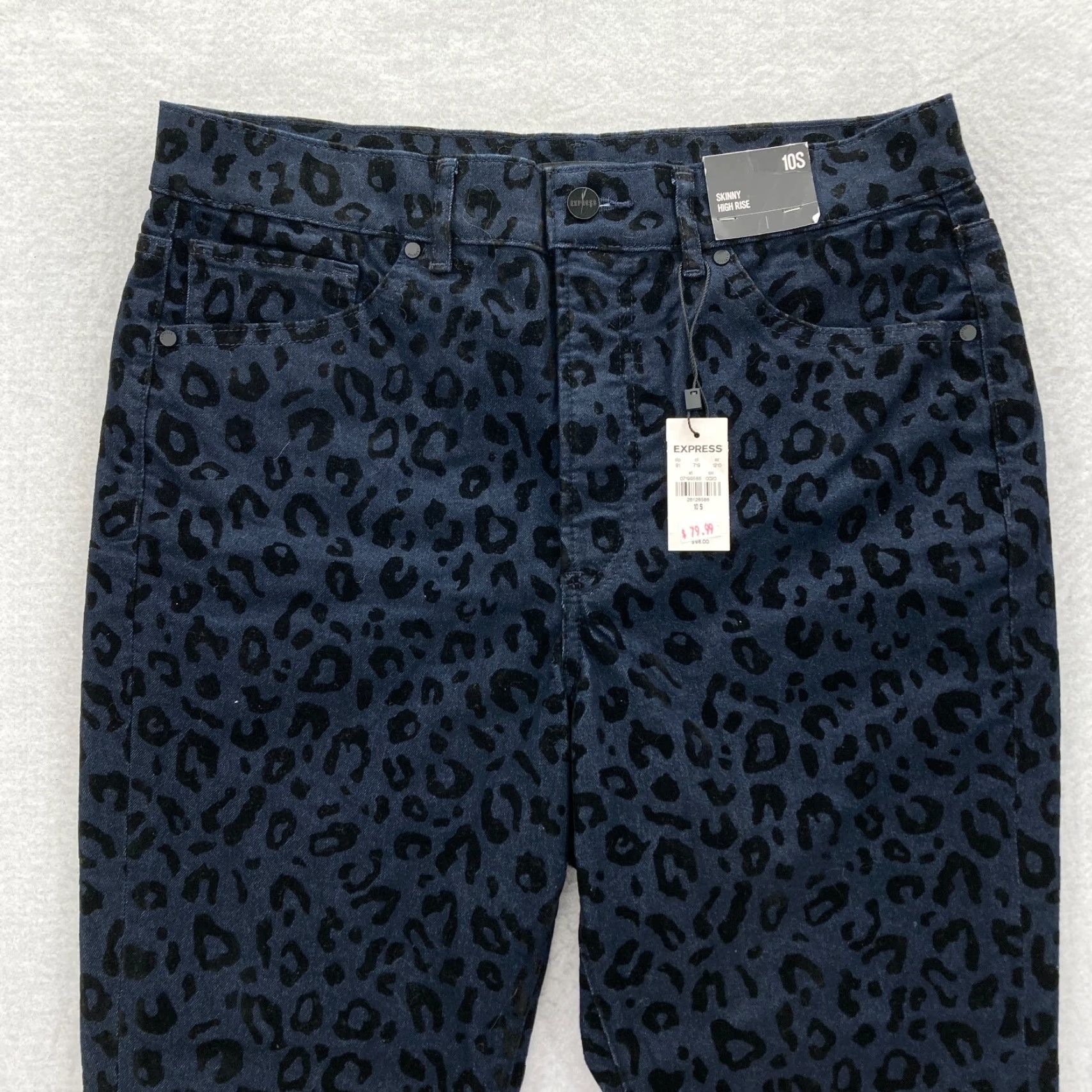Express EXPRESS Women's 10 Short Blue Leopard Stretch Fabric Skinny Leg Pants High Rise Size 24" / US 00 / IT 34 - 2 Thumbnail