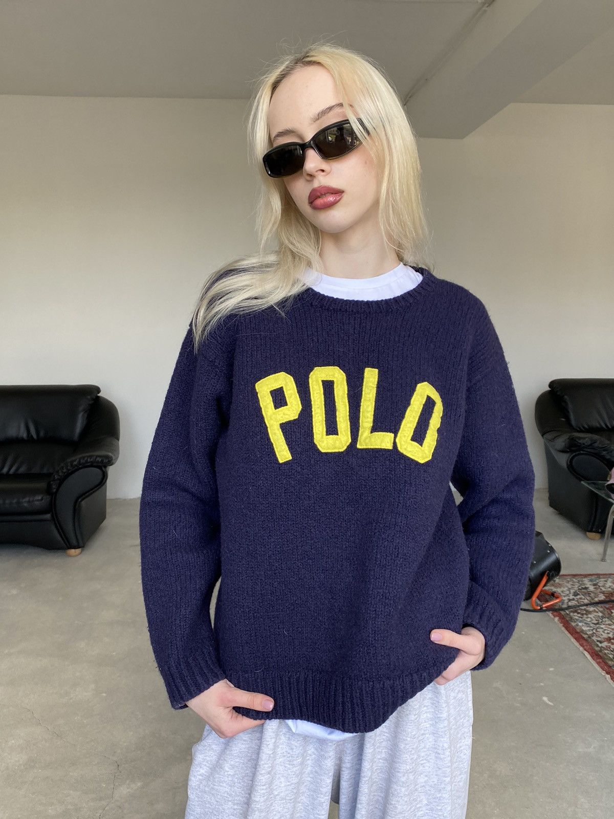 image of Vintage Polo Ralph Laurent Wool Sweater in Dark Blue, Men's (Size Small)