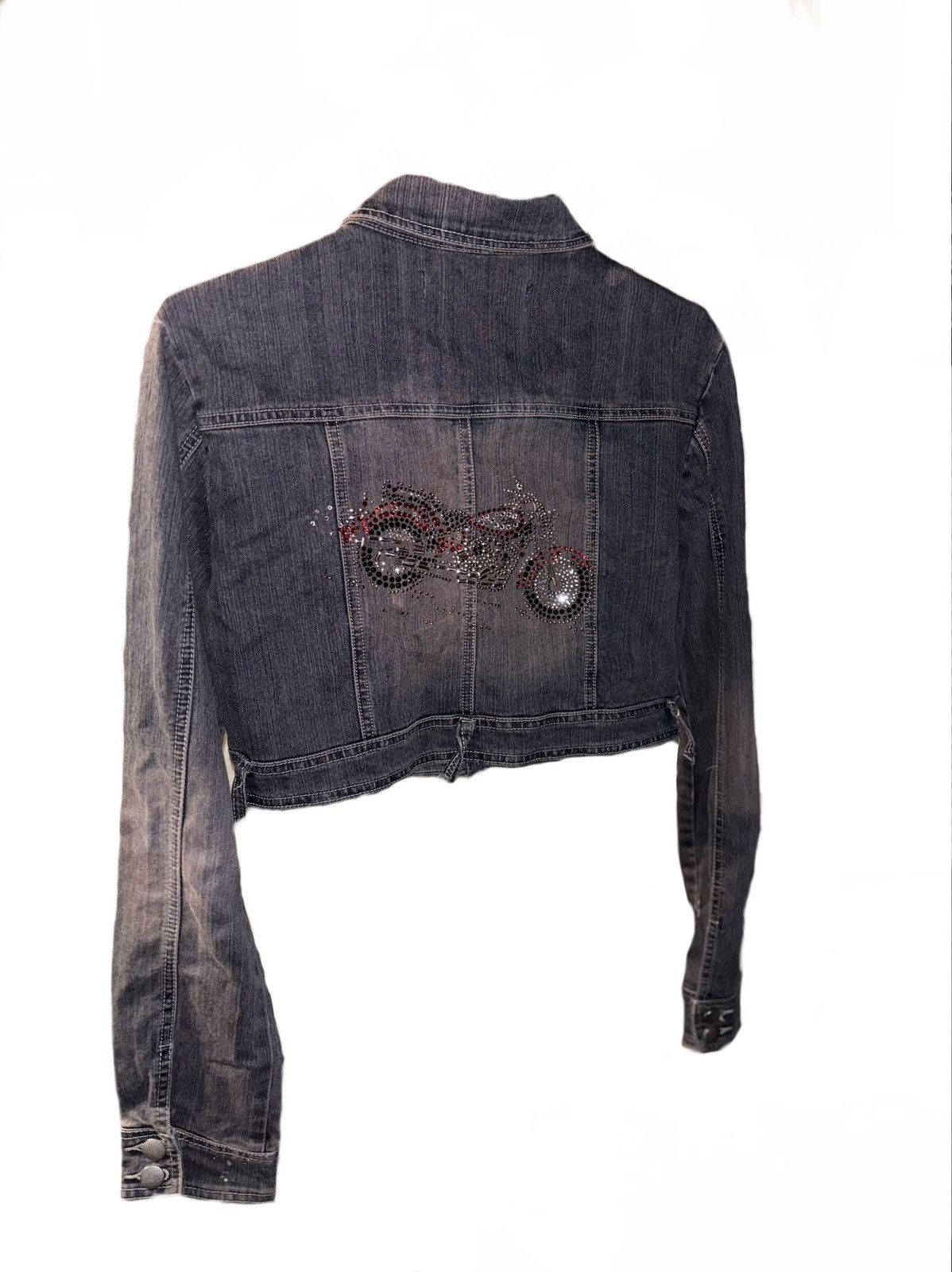 Apollo Vintage Rhinestone Motorcycle Cropped Denim Jacket Grunge Size L / US 10 / IT 46 - 2 Thumbnail