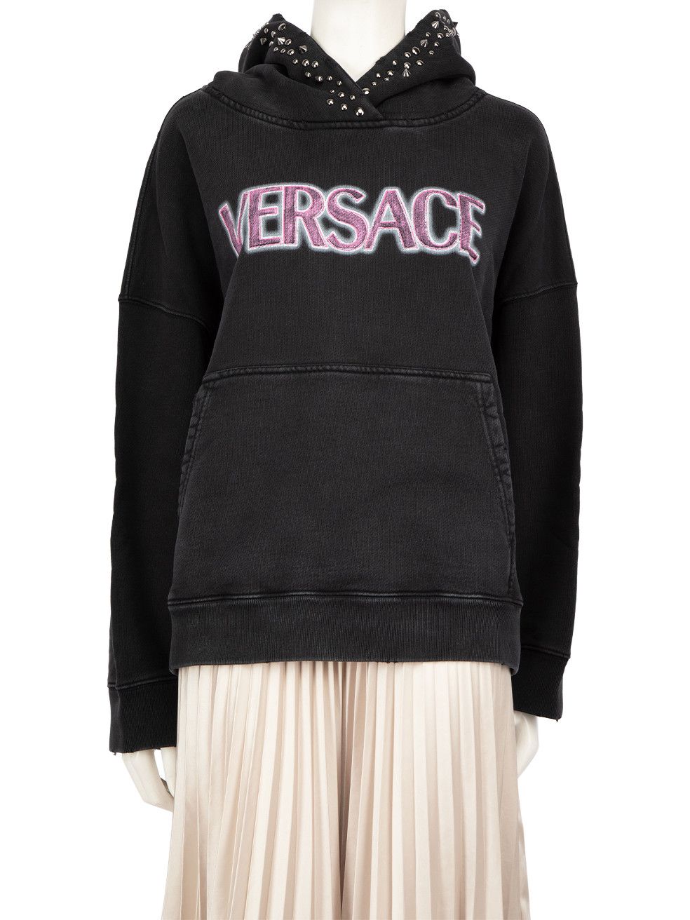 image of Versace Black Studded Vintage Wash Effect Logo Hoodie, Women's (Size XS)