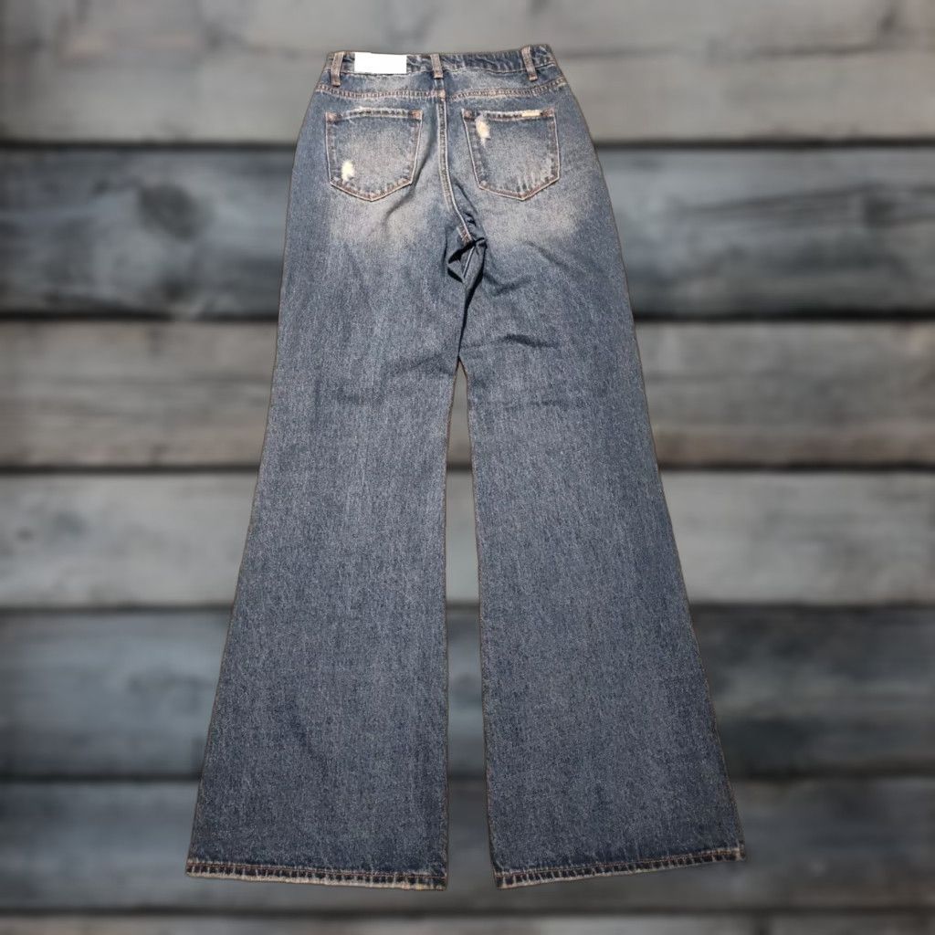 VINTAGE Insane Gene Womens Jeans Boot Cut Flare Distressed 28W High Rise 33Inch Cotton Denim Relaxed Fit Blue