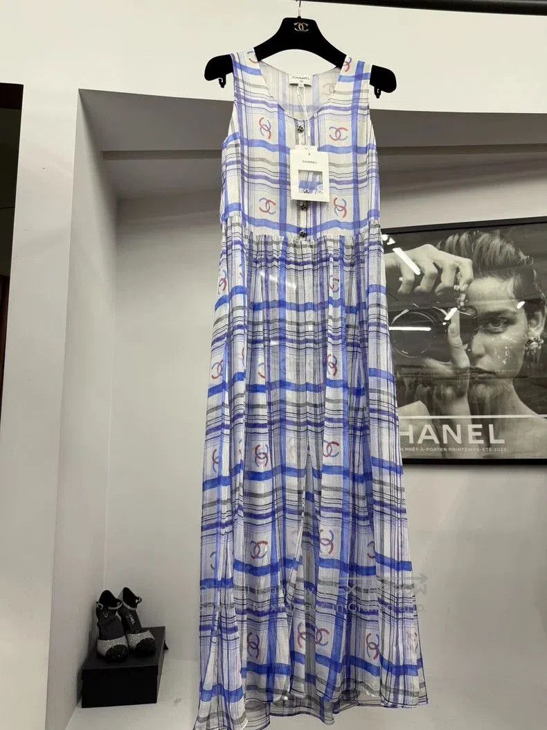 Chanel 23P Blue Silk Print Dress.