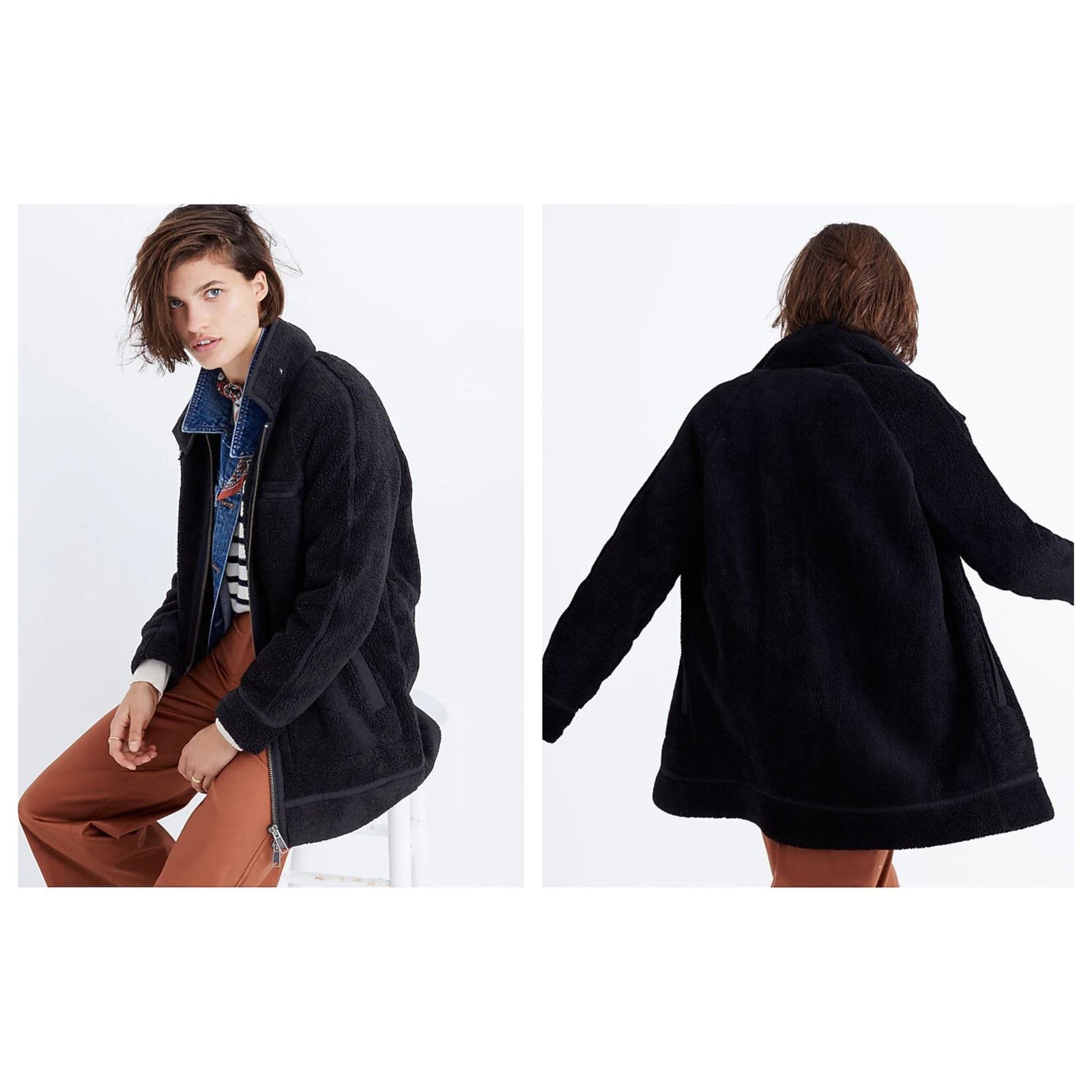 image of Madewell Sherpa City Grid Coat (M) in Black, Women's (Size Medium)