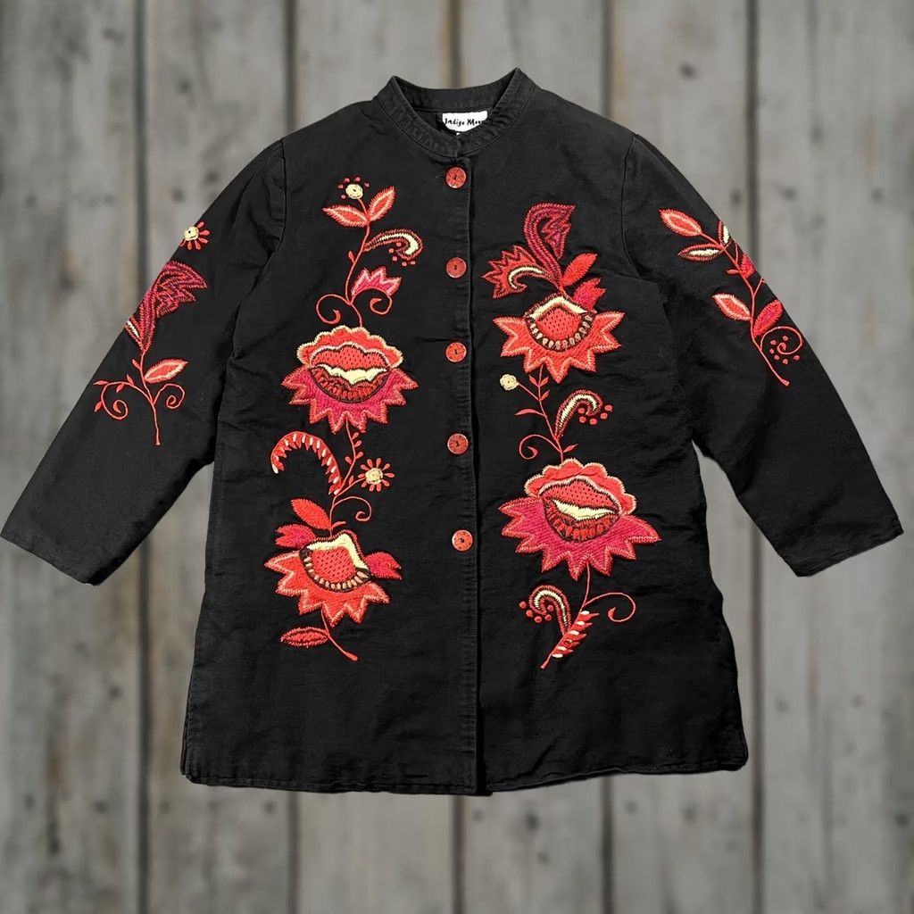 Vintage Indigo Moon Boho Jacket Large Black Red Gold Embroidery Cotton Asian Duster Coat Women Size L / US 10 / IT 46 - 1 Thumbnail