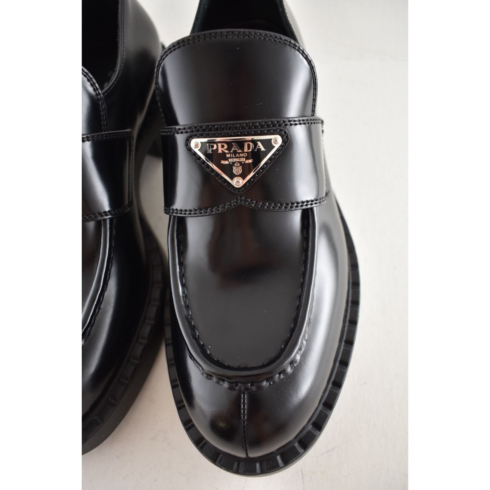 Prada Prada Chocolate Black Brushed Leather Silver Logo Platform Size US 10 / IT 40 - 8 Thumbnail