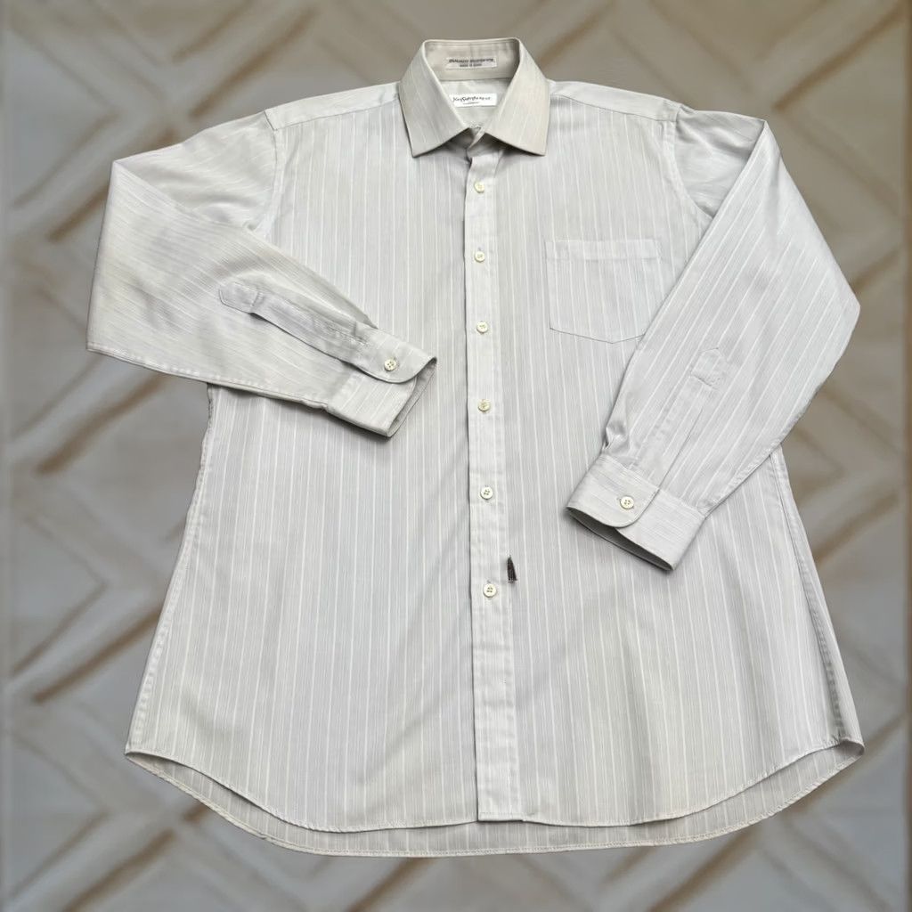 yves st laurent dress shirt Saint Vintage Men's French Cuff - L Black Cotton sleeve shirt with a pointed collar Yves Saint Laurent Dress Shirt