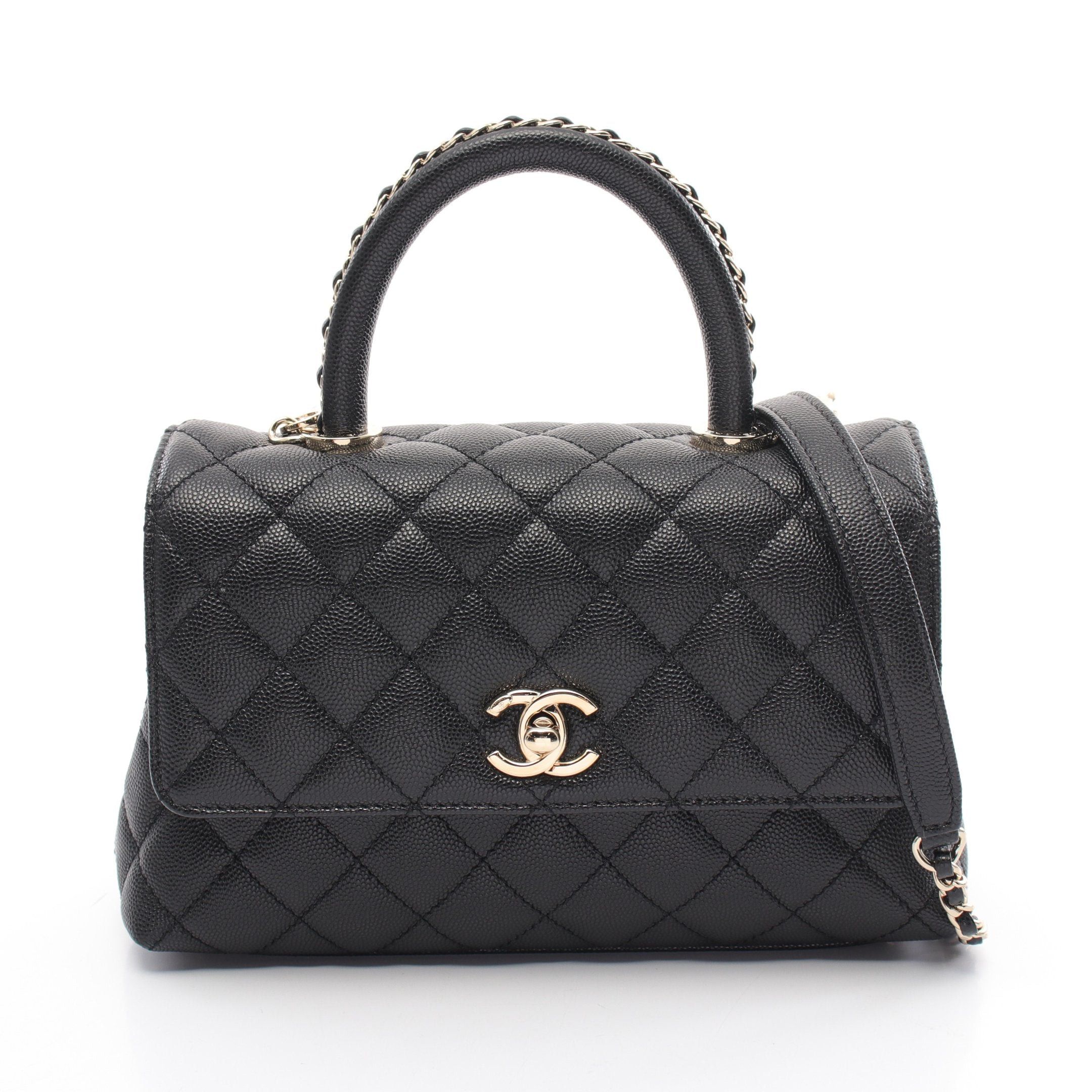 Chanel Coco Handle Flap Matelasse Handbag Caviar Skin Black Gold Hardware