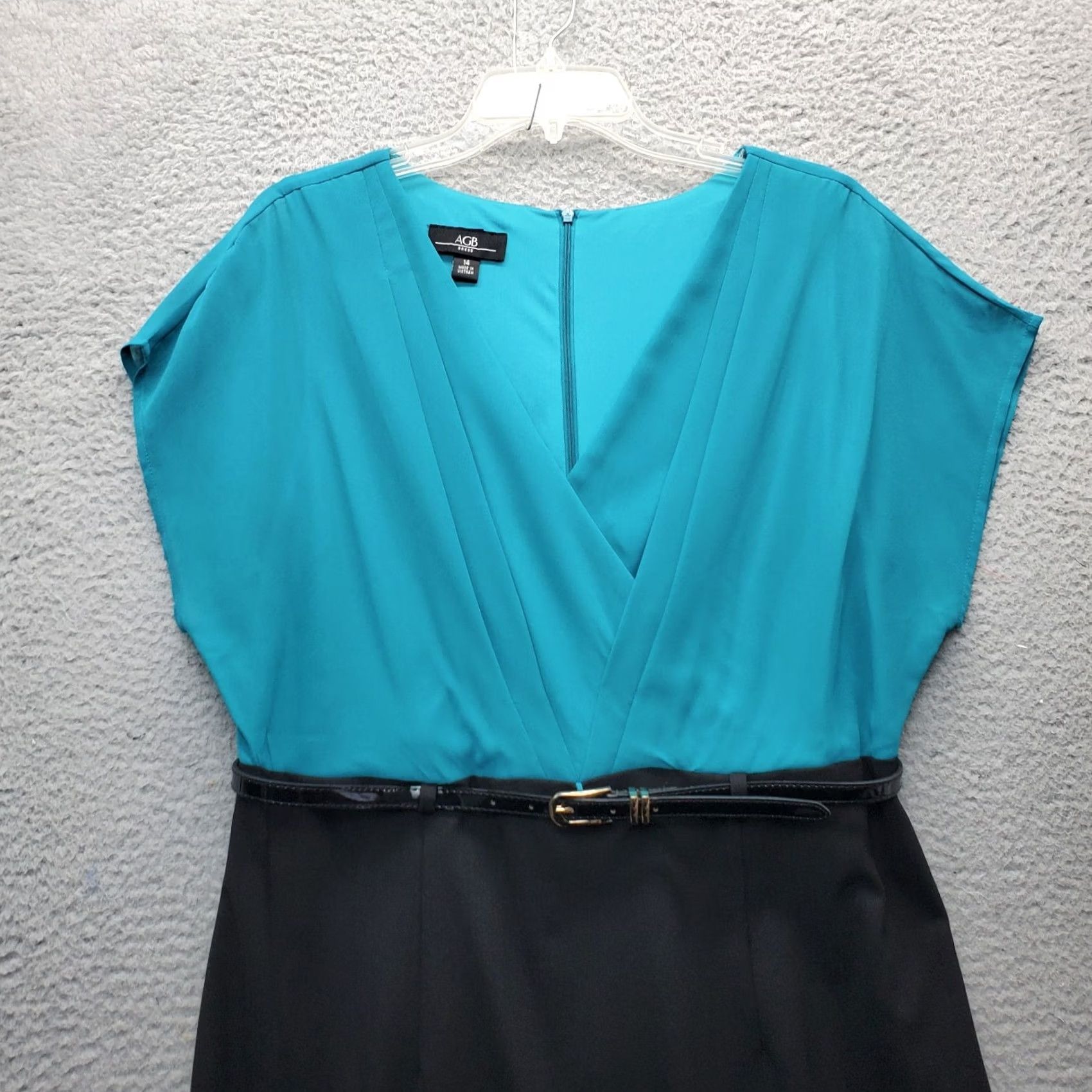 Vintage AGB Womens Size 14 Green Black Belted Sheath Dress V Neck Zip Back Sleeveless (Narrow Wrap) - Casual 39" Length Size XL / US 12-14 / IT 48-50 - 3 Thumbnail
