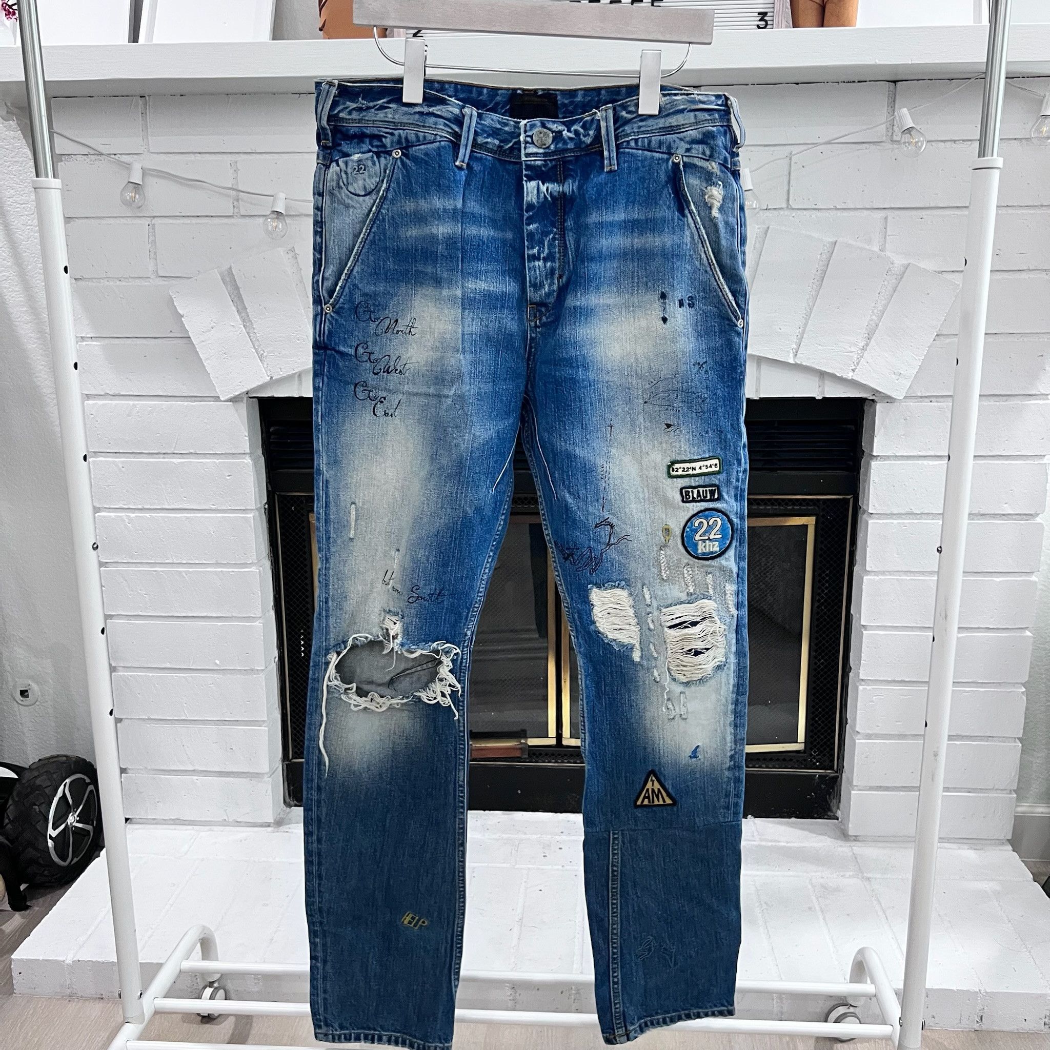 Scotch & Soda Scotch & Soda Blue Distressed Ripped Patches Painted Jeans Size US 32 / EU 48 - 1 Thumbnail