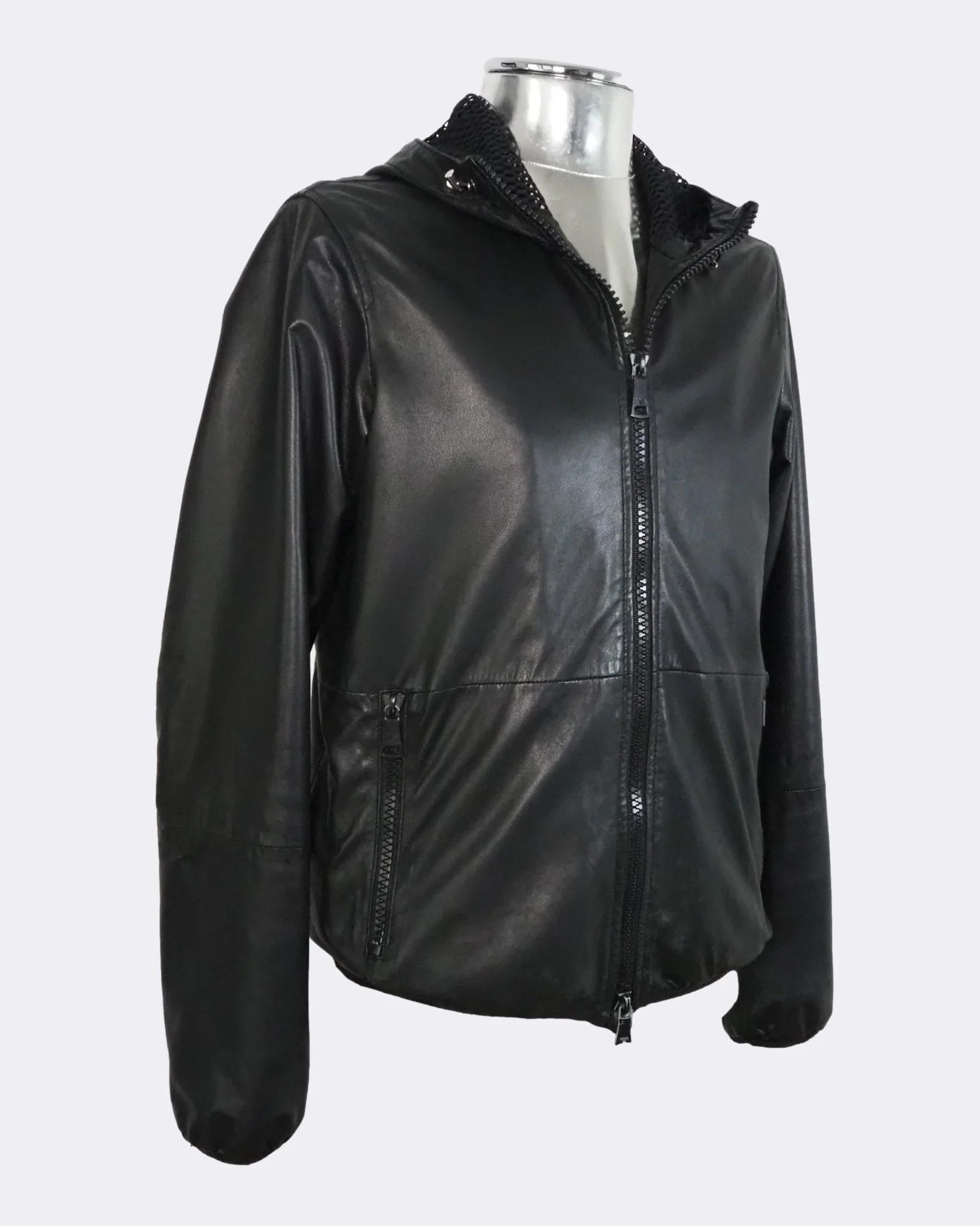 Emporio Armani Emporio Armani Black Hooded Zip-Front Leather Jacket $1125 Size US M / EU 48-50 / 2 - 7 Thumbnail