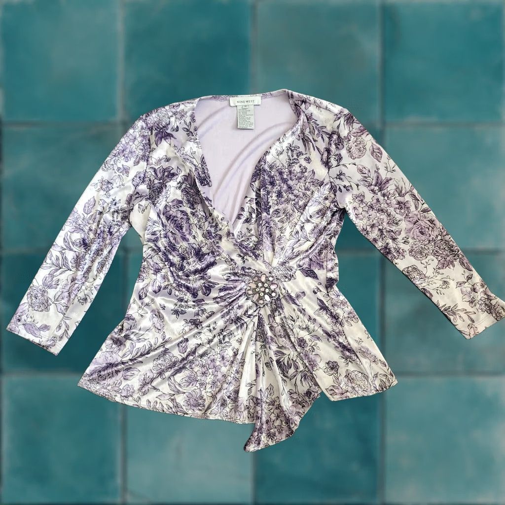 Nine West Nine West Womens Floral V-Neck Long Sleeve Blouse Purple Embellished Top Medium Size M / US 6-8 / IT 42-44 - 1 Thumbnail