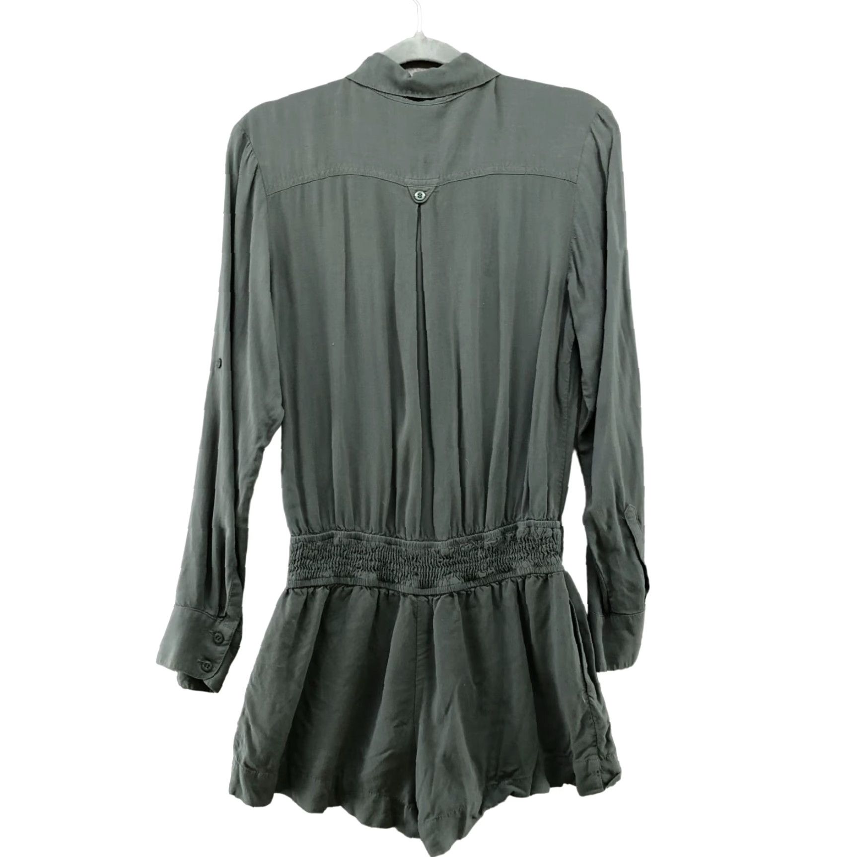 BCBGeneration VINTAGE BCBGeneration Romper Women's S Long Sleeve Collared Button Front Bohemian Green Rayon Utility Spring Summer Size S / US 4 / IT 40 - 2 Thumbnail
