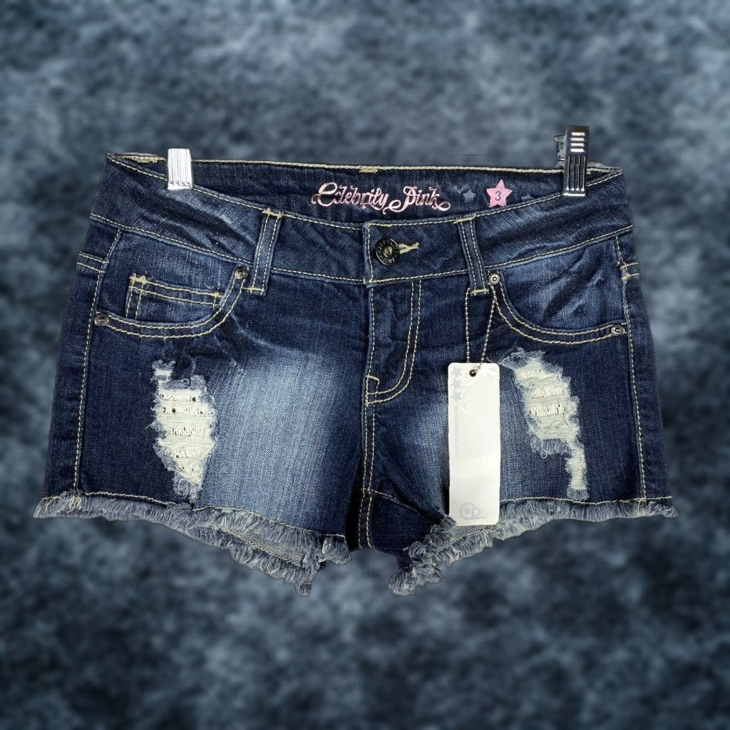 Vintage Celebrity Pink Shorts Womens Jr Sz 3 Dark Wash Cut-Off Denim Stretch Distressed Pocket 5-Pocket Casual Beach Womens Size 26" / US 2 / IT 38 - 1 Thumbnail