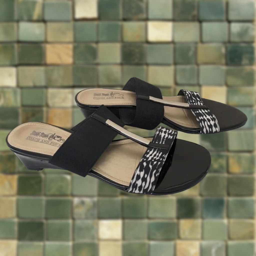 Coach Women's Rhoda Sandals Black Silver Size 6.5 Slip On Wedge Heel Shoes