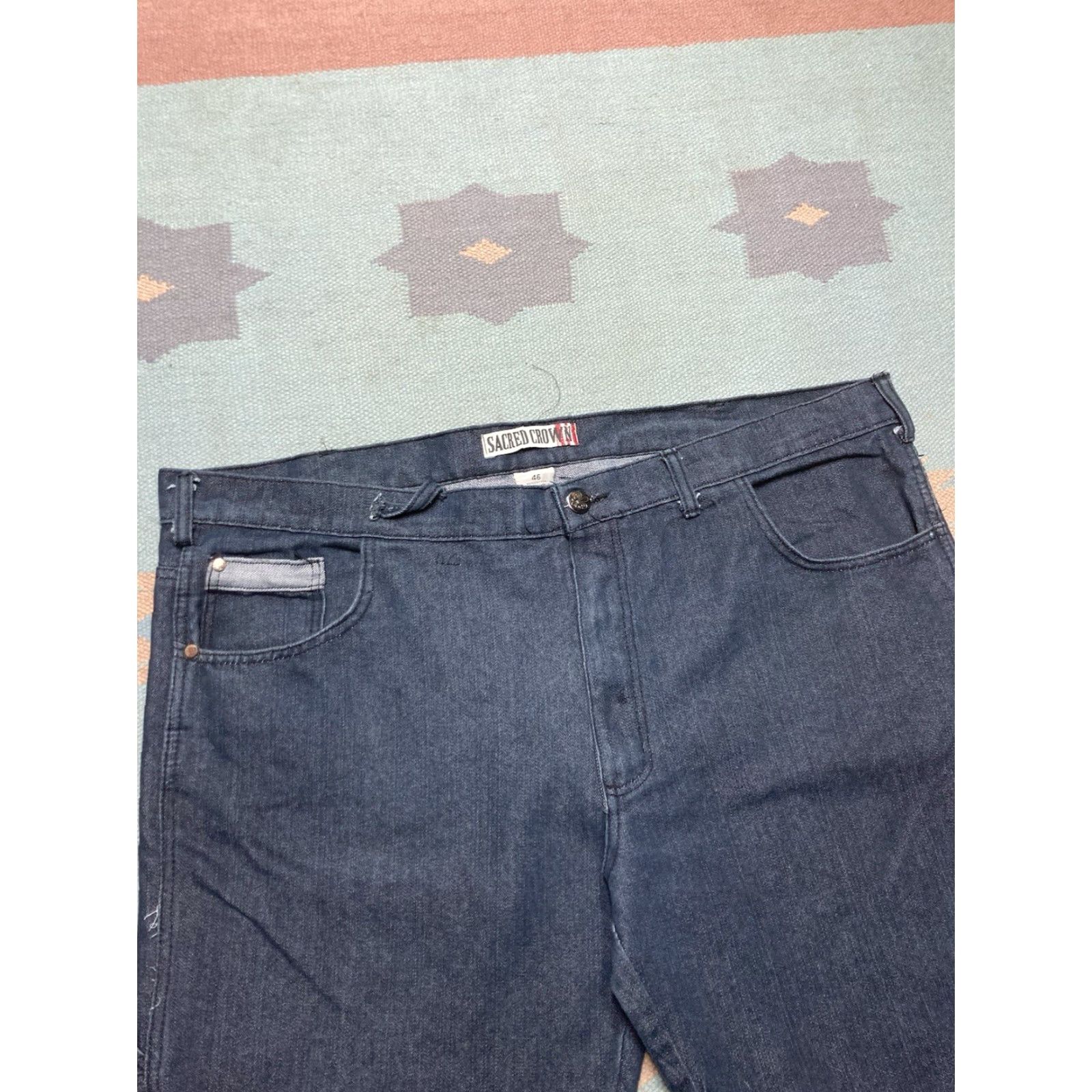 Vintage VINTAGE Sacred Crown Jeans Men Wide-Leg Hip Hop 46x31 Jeans 46 31 Blue Baggy Carpenter 90s Skater Massive Y2K Size US 30 / EU 46 - 5 Thumbnail