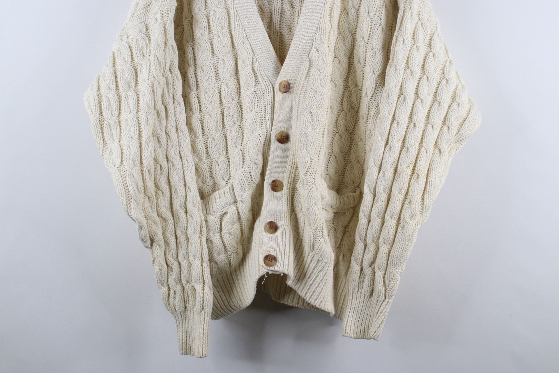 Gap × Vintage Vintage 90s Gap Chunky Cable Knit Cardigan Sweater Cream Size US L / EU 52-54 / 3 - 3 Thumbnail