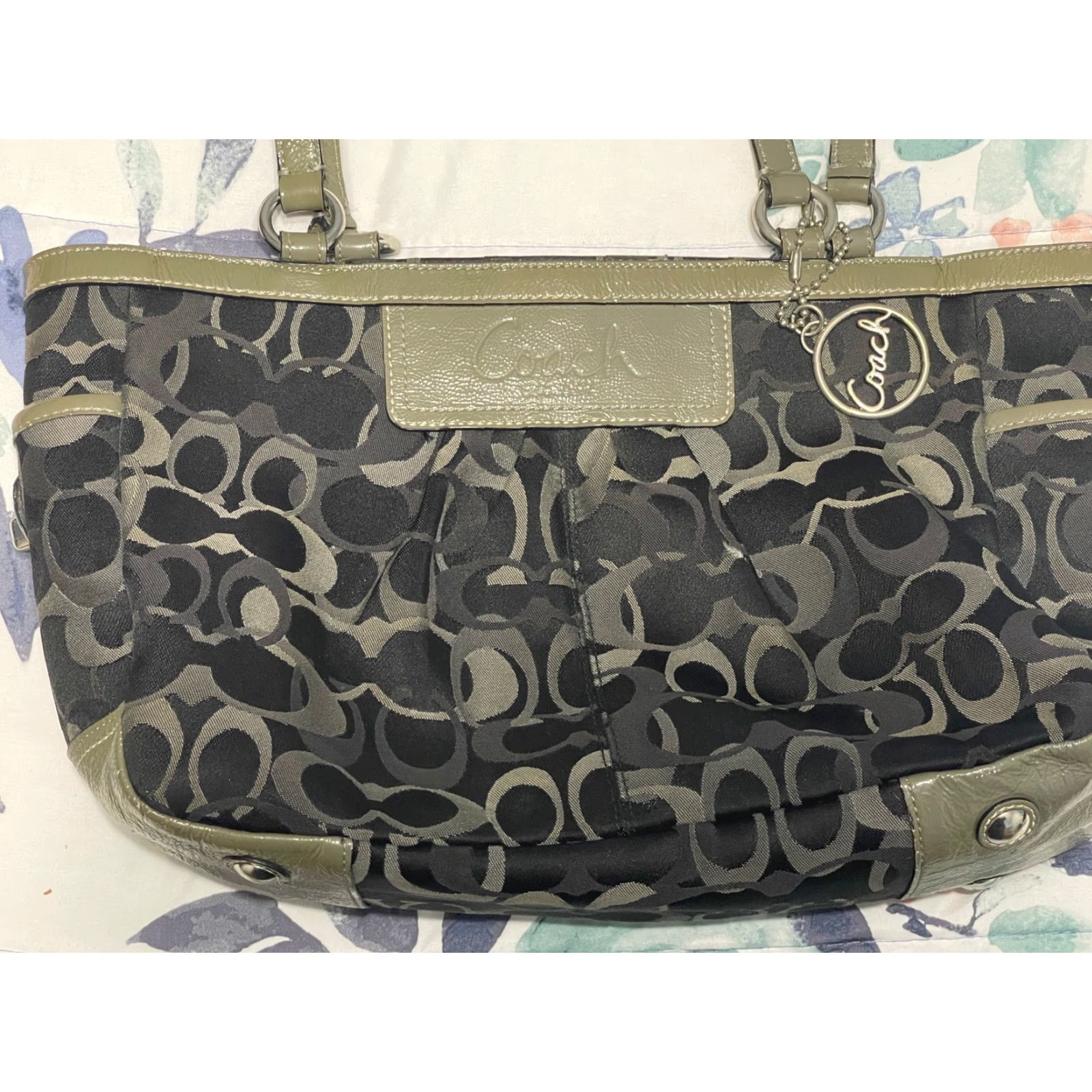 Coach Coach Black/Gray Optic Signature Patent Leather Trim Double Straps Bag Size ONE SIZE - 2 Thumbnail