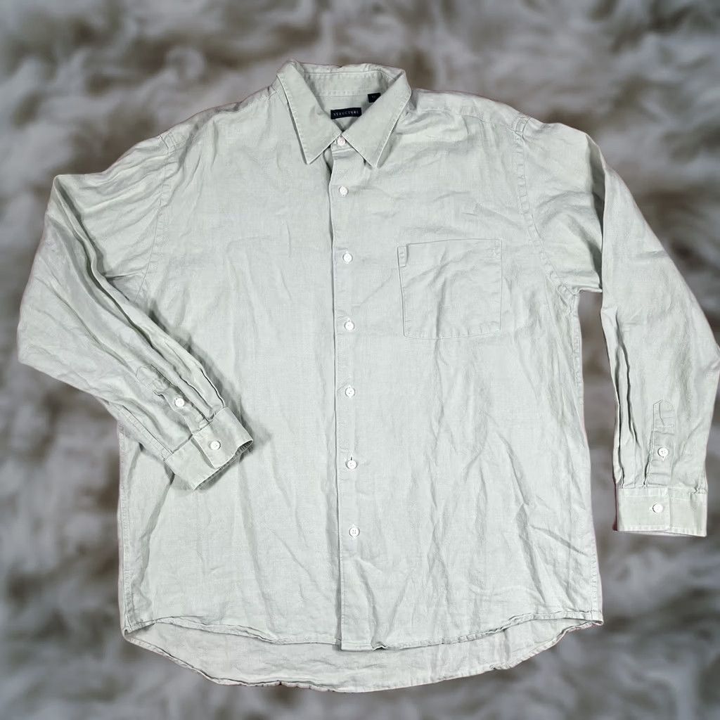 Vintage Structure Shirt Mens Size XL Extra Large 100% Linen Long Sleeve Button Up Green Size US XL / EU 56 / 4 - 1 Thumbnail