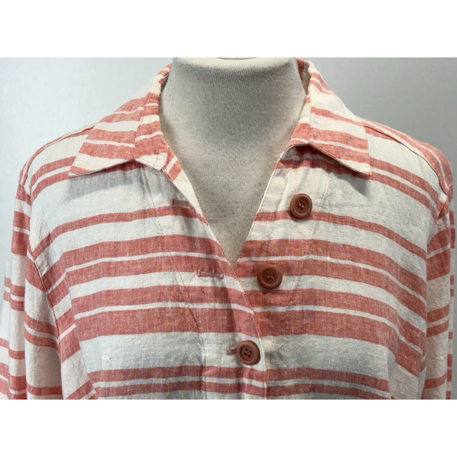 Vintage John Mark Tunic Top Short Women's XL 100% Linen Striped Collared Button-Up Pink White Lagenlook Coastal Size XL / US 12-14 / IT 48-50 - 5 Thumbnail