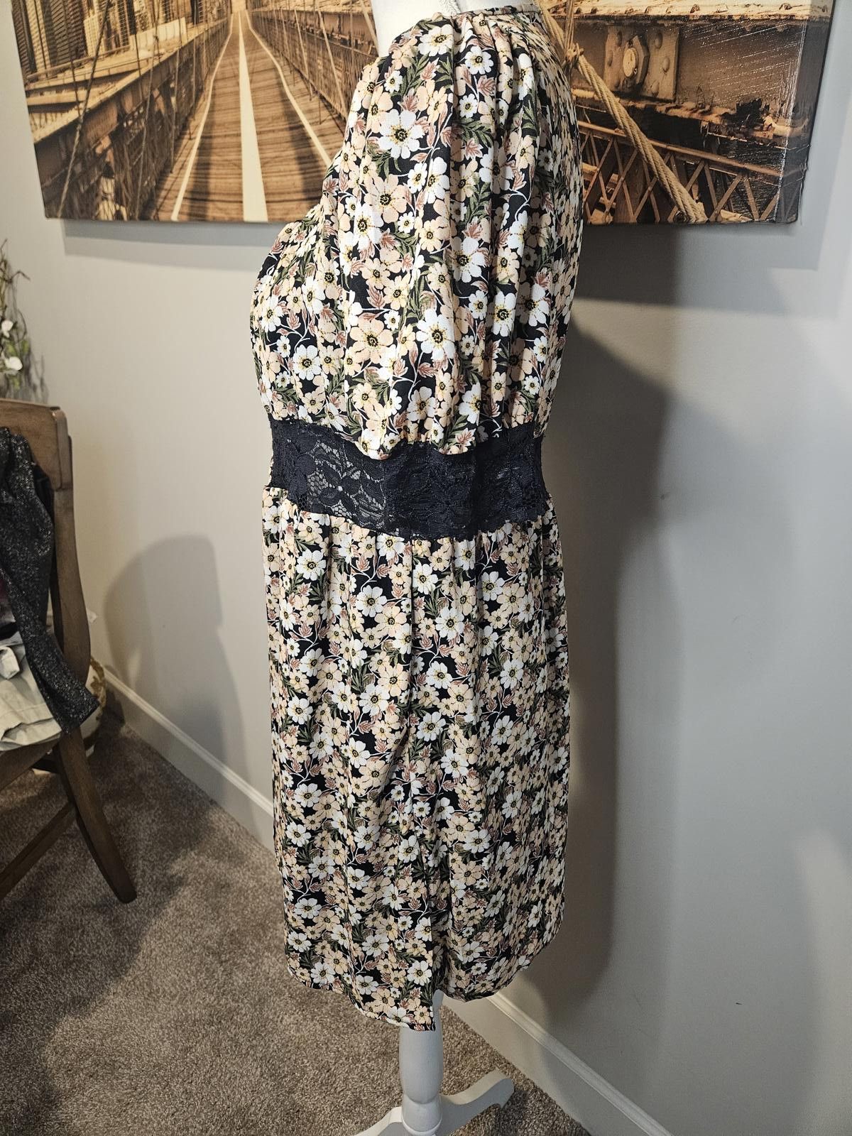 Designer 3rd + Malt Floral Print Dress with Lace Waistline #406 Size L / US 10 / IT 46 - 2 Thumbnail