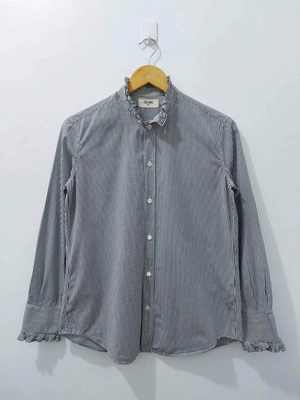 image of Celine - Hedi Slimane Era - S/s19 Frilled Collar Shirt in Pinstripe, Women's (Size XS)