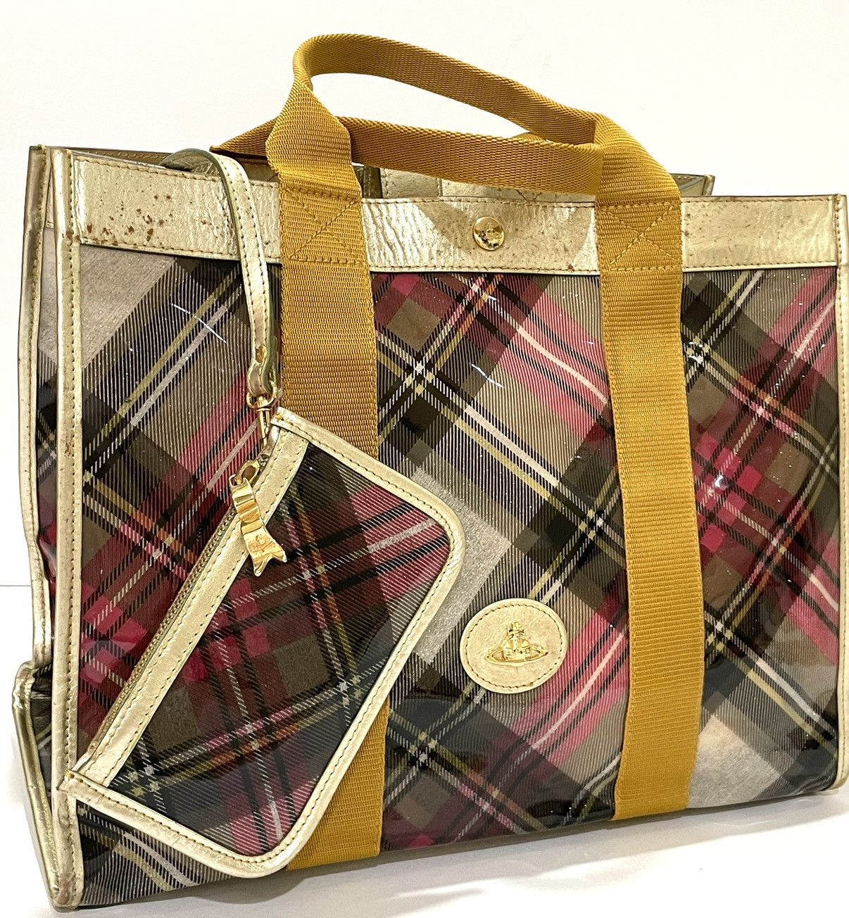 Tartan PVC Tote with Matching Pouch – Gold Trim