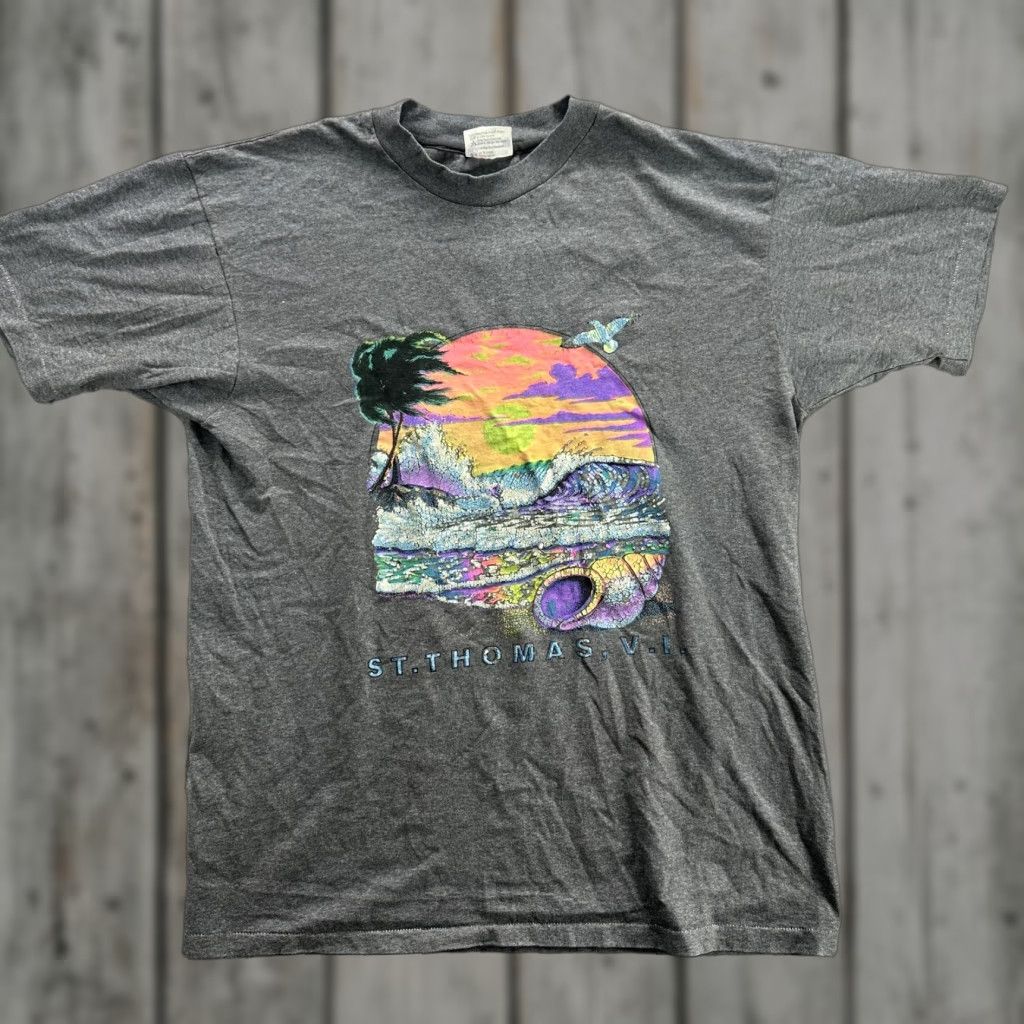 Hanes VINTAGE Hanes Fifty-Fifty Shirt Mens Large Gray St Thomas VI Graphic Made USA Size US L / EU 52-54 / 3 - 1 Thumbnail
