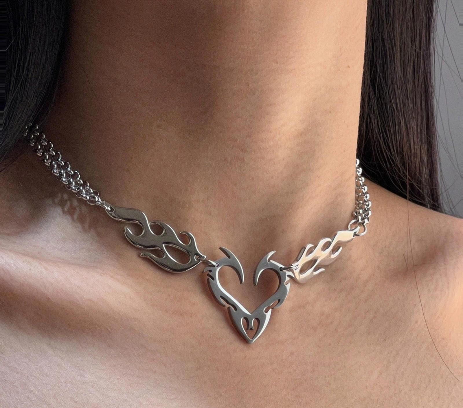 Jewelry Silver Flame Heart Choker Necklace, Edgy Chain Jewelry Size ONE SIZE - 2 Thumbnail