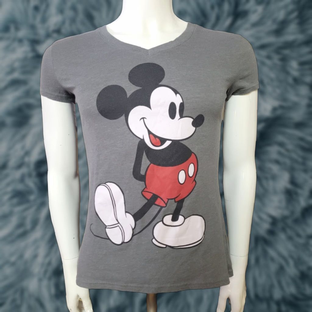 Disney Womens Disney T-Shirt Mickey Mouse V-Neck Small Gray Short Sleeve Casual Womens Size S / US 4 / IT 40 - 1 Thumbnail