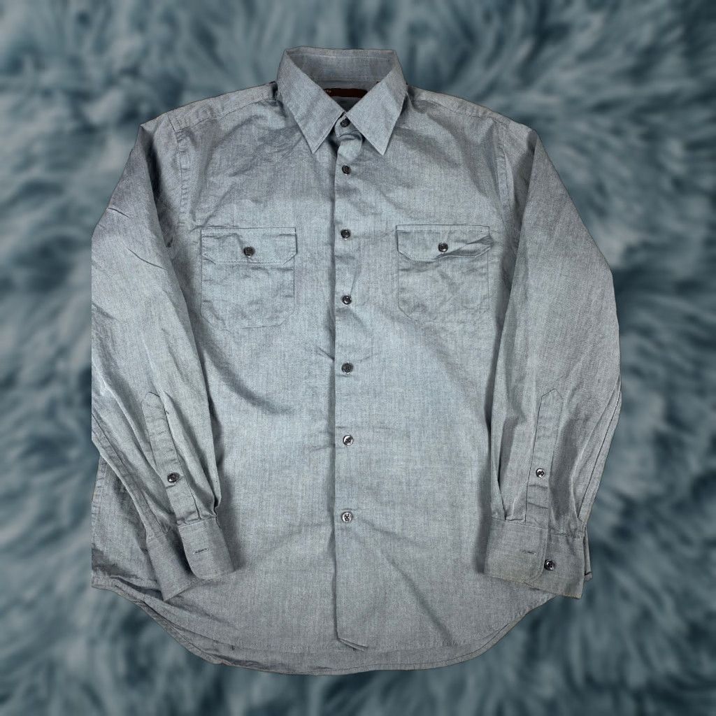 Perry Ellis Perry Ellis Mens Long Sleeve Dress Shirt Button-Up Sz L Gray Chest Pockets Shirt Men Long Sleeve Gray Pockets Classic Dress Shirt Size 42R - 1 Thumbnail