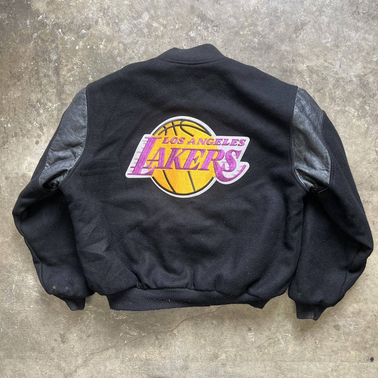 Image of Vintage 80's Lakers Chalk Line Black Leather Varsity, Men's (Size XL)