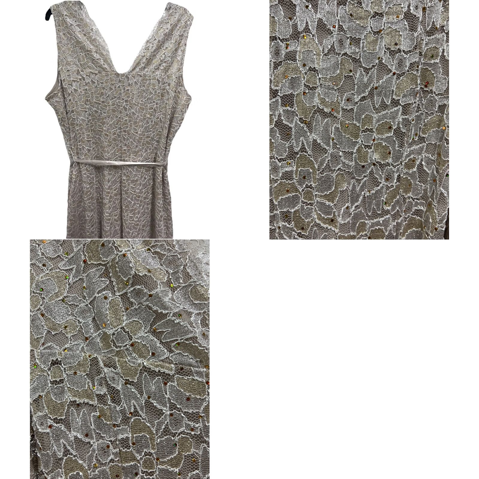 Vintage VINTAGE Candalite Womens Midi Gown Dress Sleeveless Sequin Lace V-Neck Taupe Champagne 2X Size M / US 6-8 / IT 42-44 - 9 Thumbnail