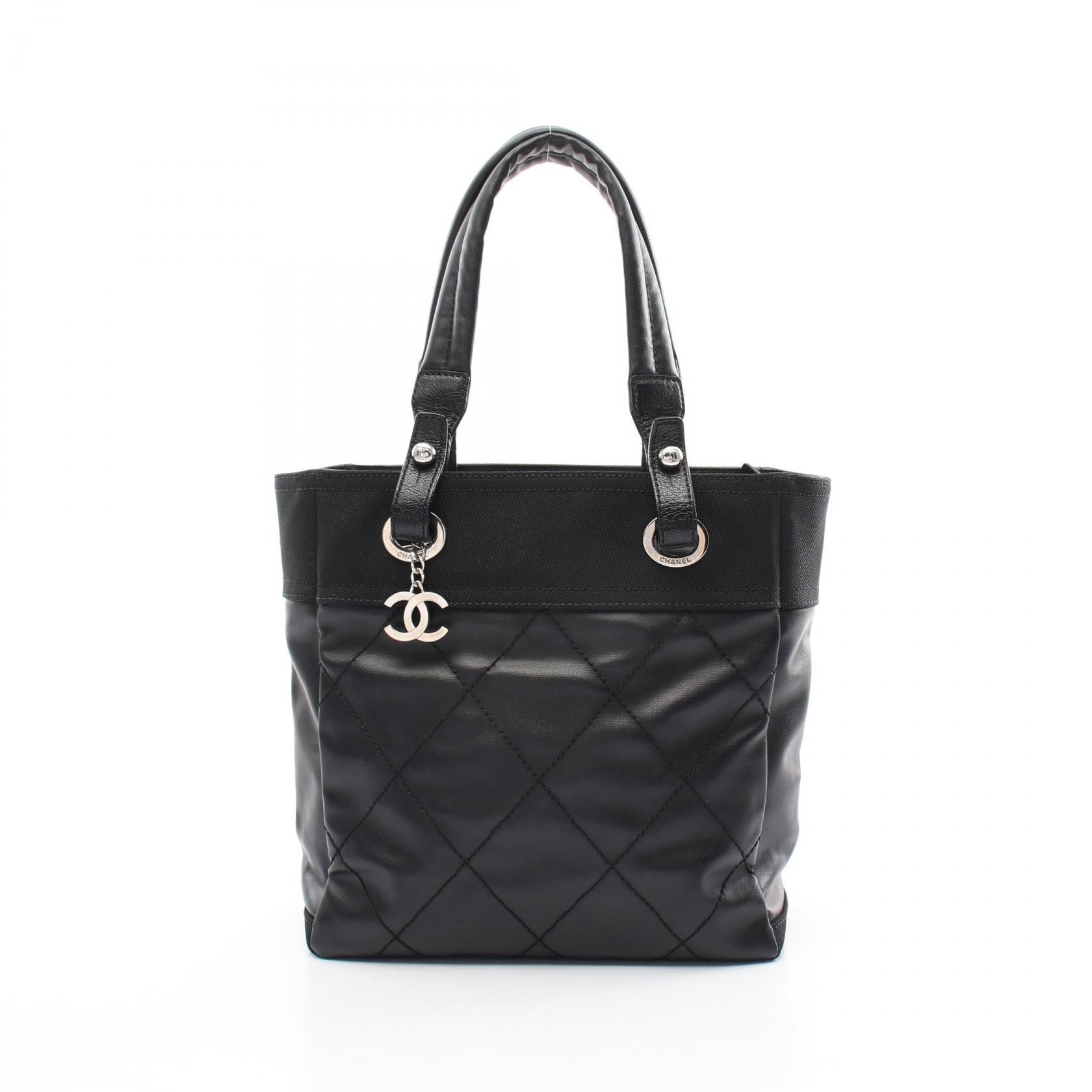 Chanel Chanel Paris Biarritz Pm Pvc Coated Canvas Leather Tote Bag Canvas Tote Bag A34208 in Black, Women's