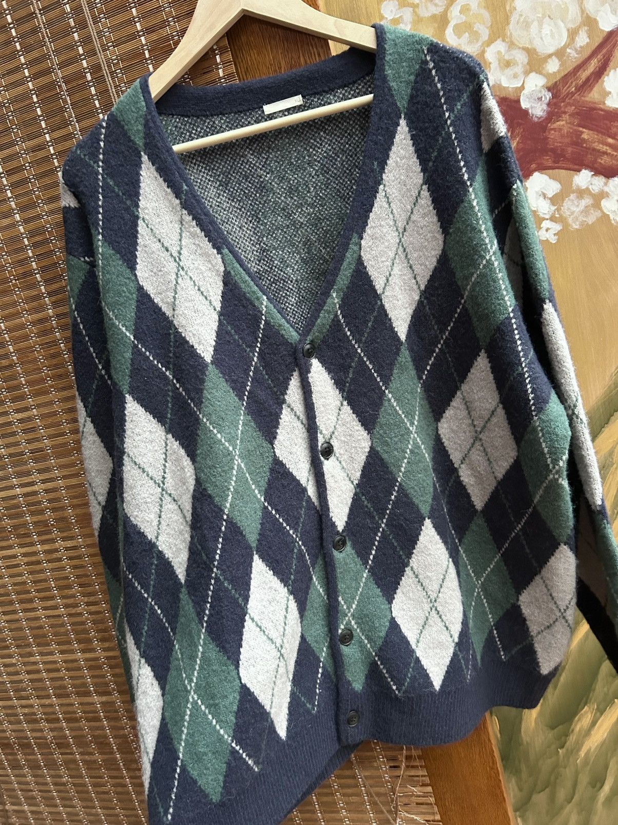 GU GU Brushed Yarn Argyle Navy/Green Cardigan XL Unisex Size US XL / EU 56 / 4 - 3 Thumbnail