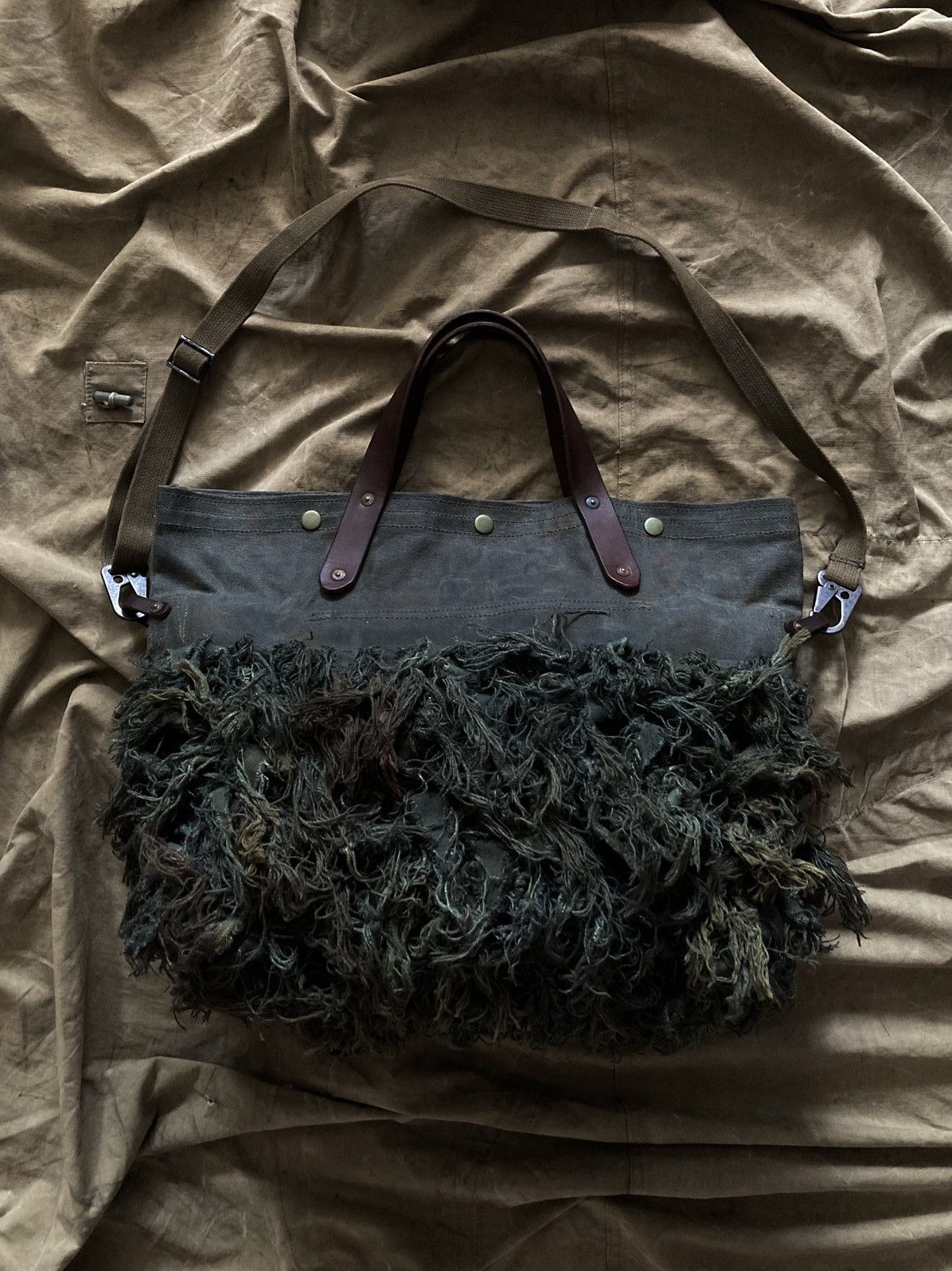Handmade Reworked Waxed Heavy Canvas Crossbody Tote Bag Vintage Army Size ONE SIZE - 4 Thumbnail