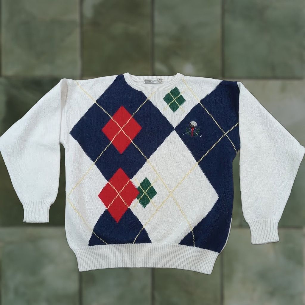 Vintage John Ashford Golf Sweater Mens Large White Blue Argyle Crew Neck Pullover Size US L / EU 52-54 / 3 - 1 Thumbnail