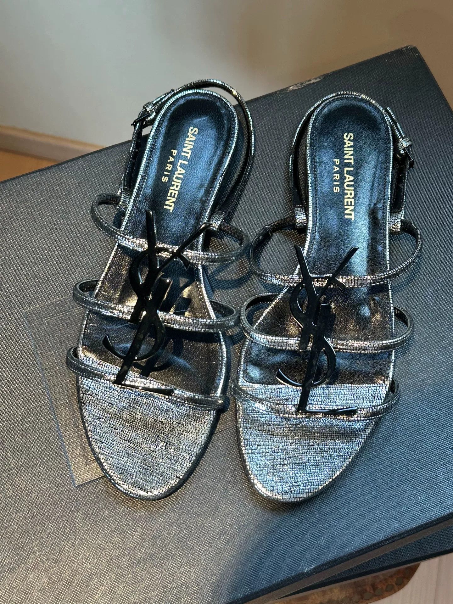 Saint Laurent Silver Logo Sandals Size 36.5