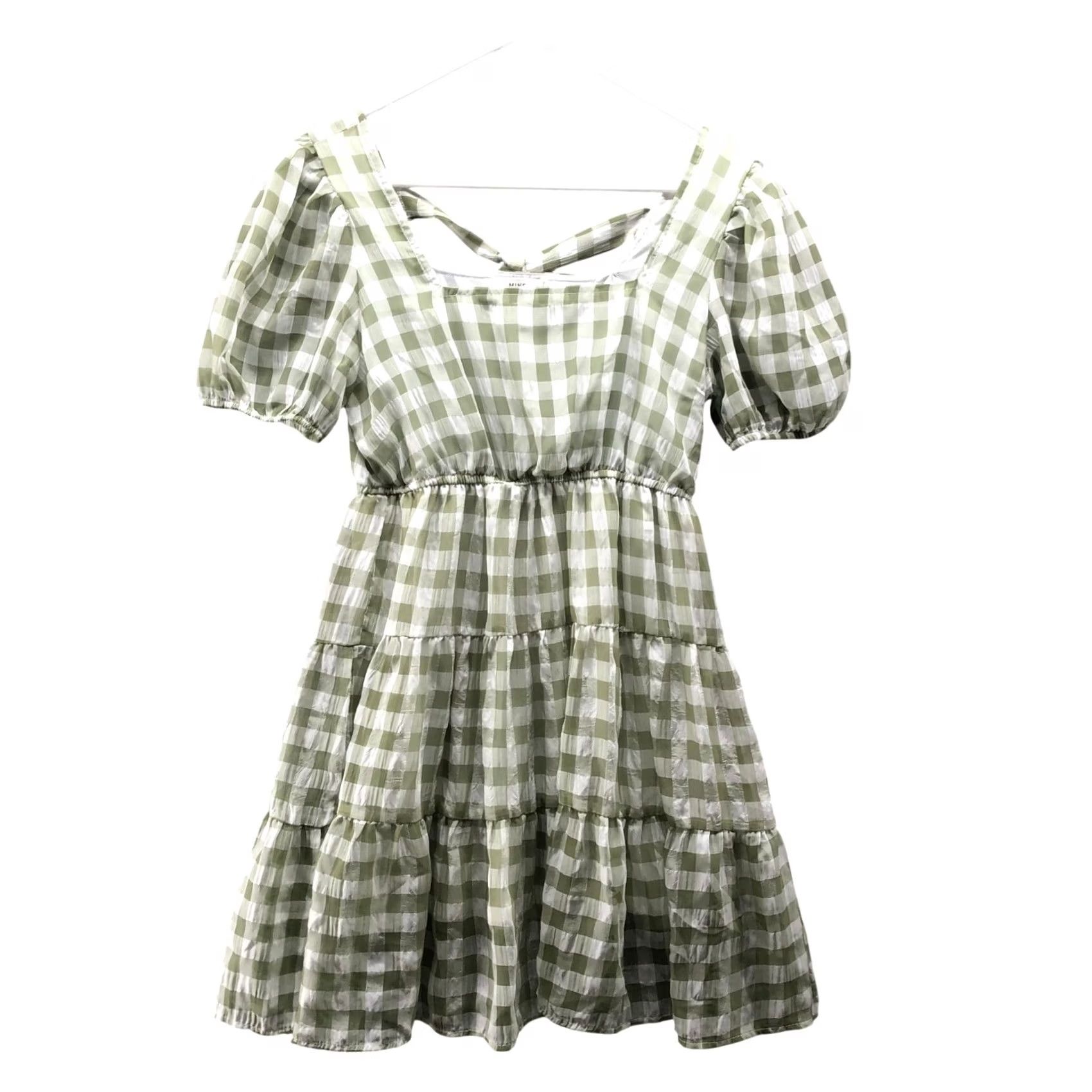 Vintage Mine Square Neck Chiffon Mini Dress M Sage Green Gingham Puff Sleeve Tiered Women Short Sleeve Spring Summer Casual Formal Party/Cocktail | MINE Dress Size M / US 6-8 / IT 42-44 - 2 Thumbnail
