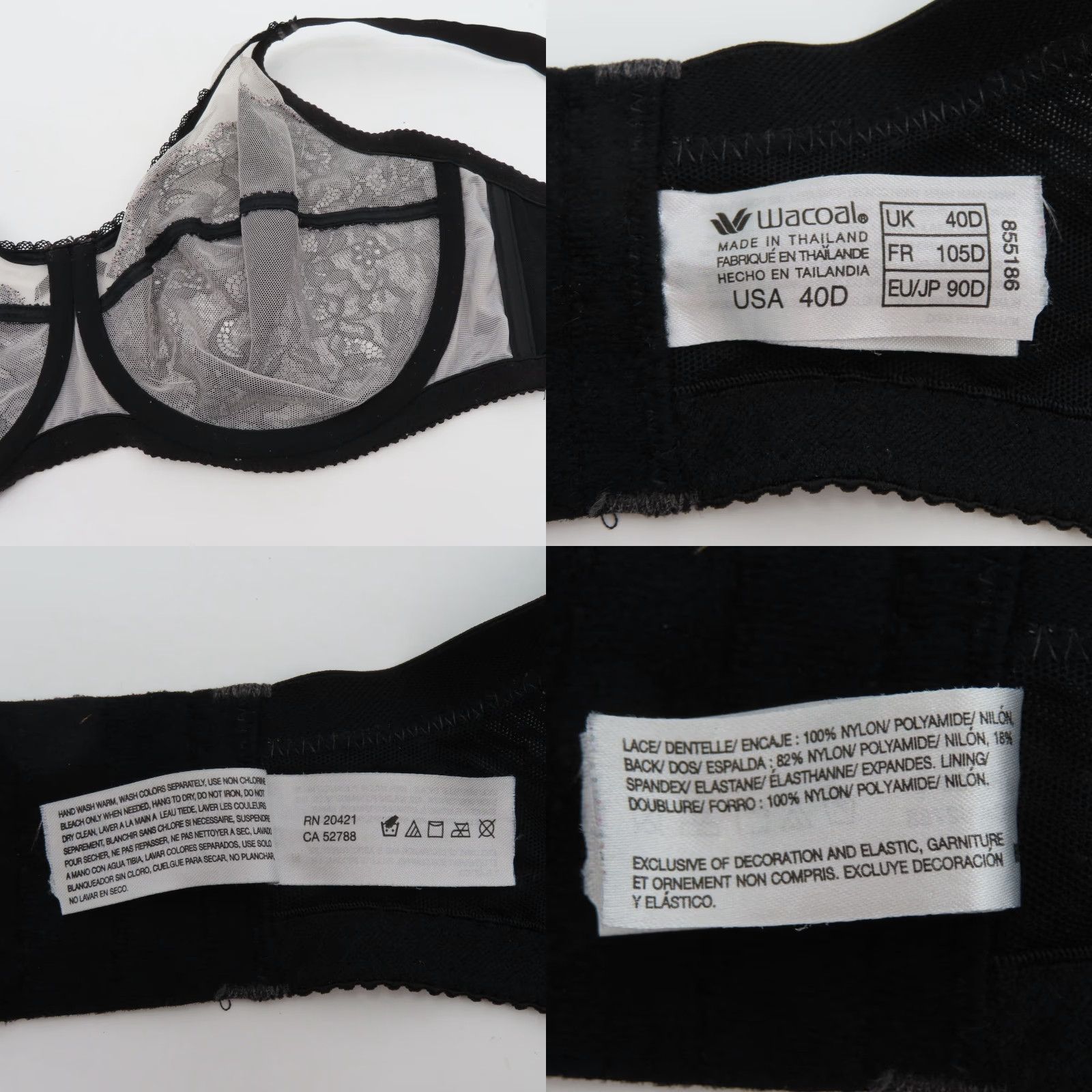Vintage Wacoal Bra 40D Black Floral Lace Underwire Unlined T-Shirt Women Cup D Band 40 Hooks & Eye 855186 Size ONE SIZE - 8 Thumbnail
