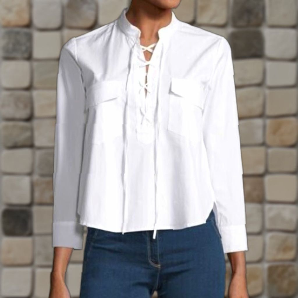 Veronica Beard VERONICA BEARD Blouse 3/4 Sleeve Women’s Harper Lace Up Top Sz 2 White Cotton Blend Size XS / US 0-2 / IT 36-38 - 1 Thumbnail