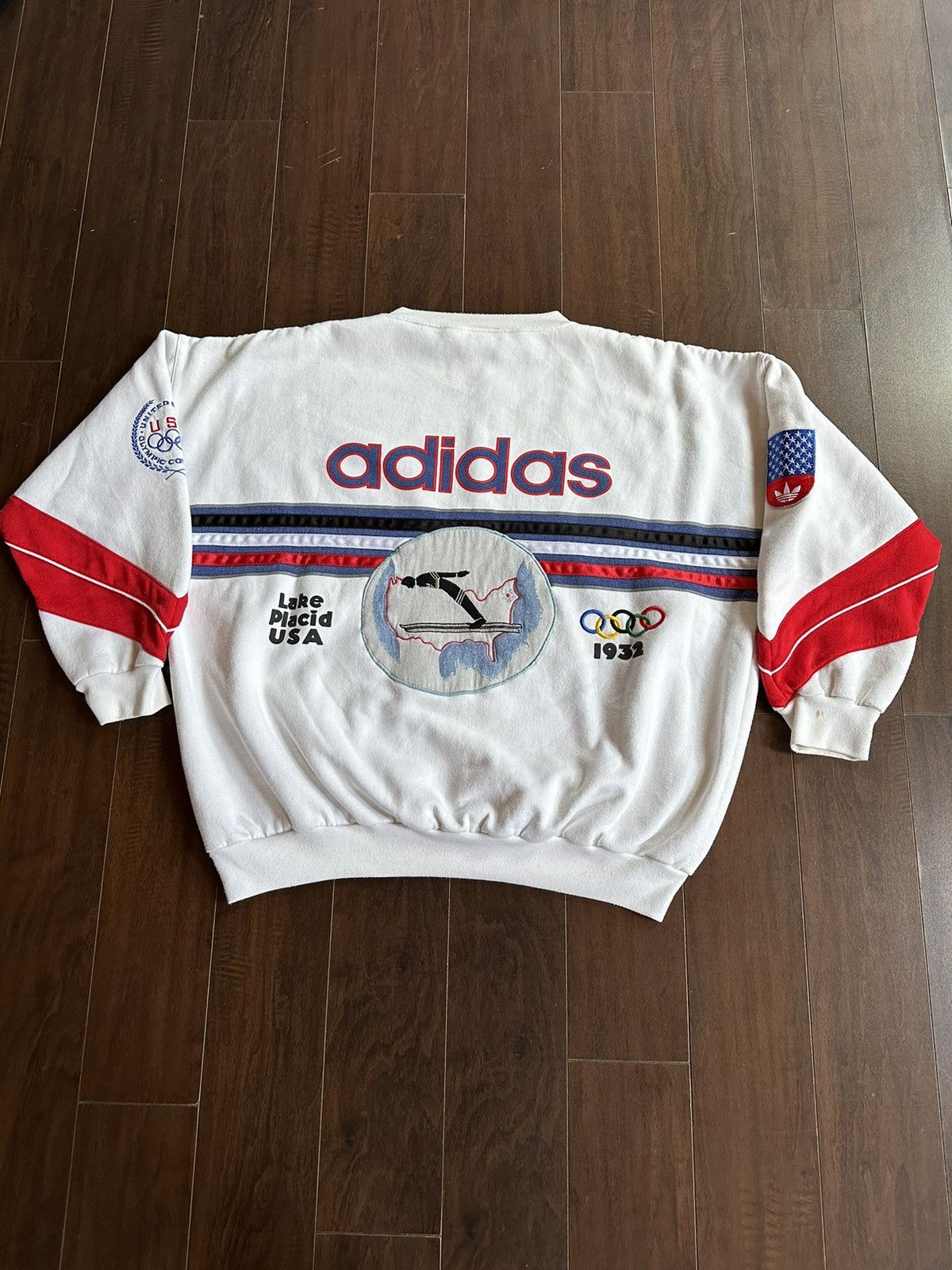 image of 1980S Adidas Olympics 1932 Ski Snow Sweatshirt Usa in White, Men's (Size XL)