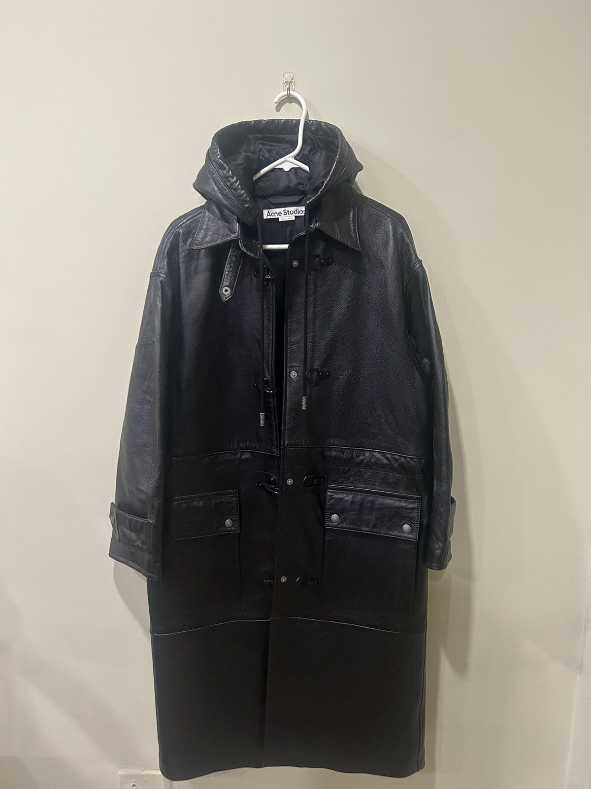 image of Acne Studios Hooded Leather Coat in Black, Men's (Size Medium)