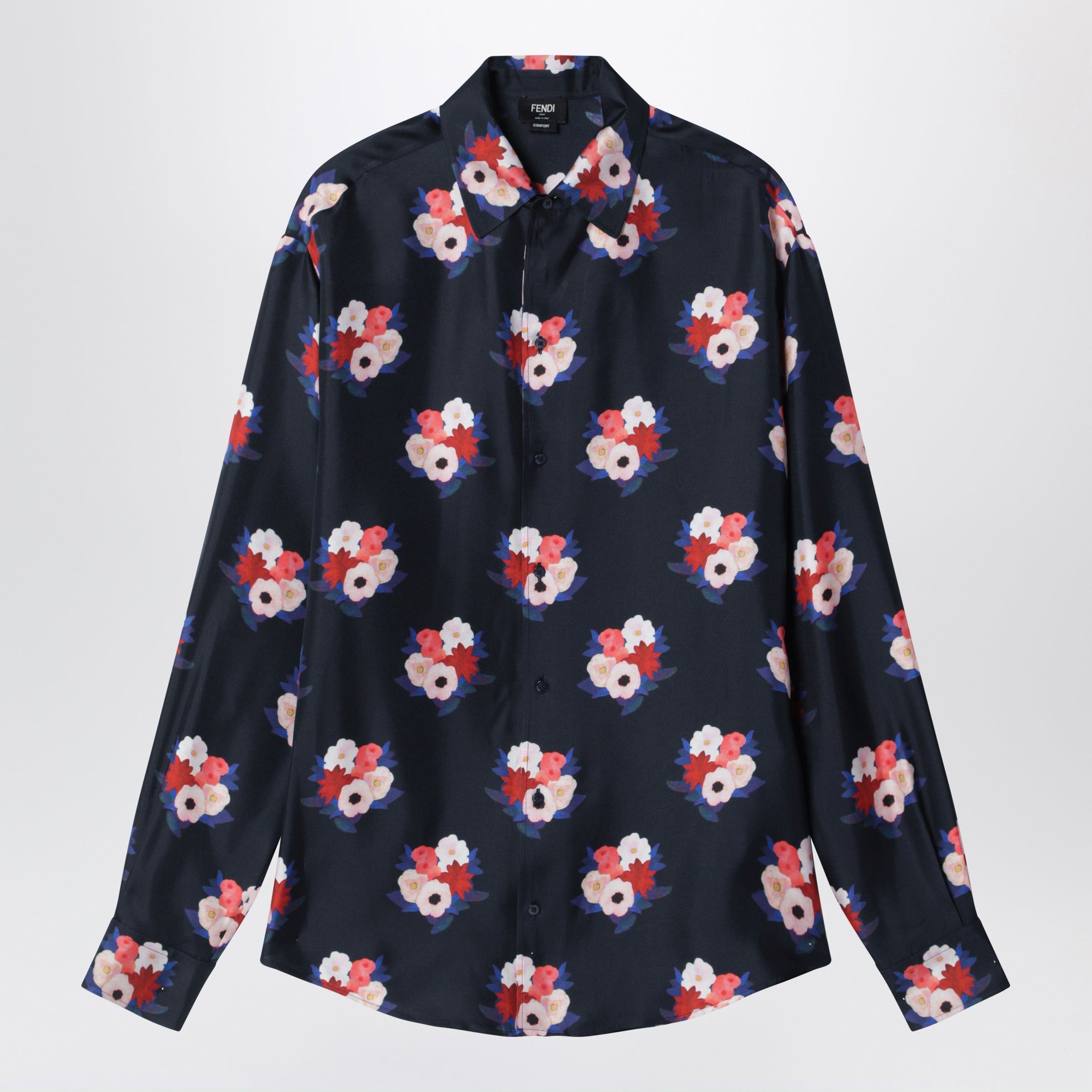 Fendi Fendi Dark Blue Satin Shirt With Floral Print Size US M / EU 48-50 / 2 - 1 Thumbnail