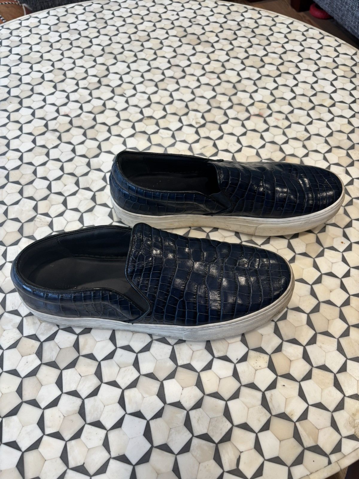 CELINE Navy Crocodile Embossed Leather Slip On