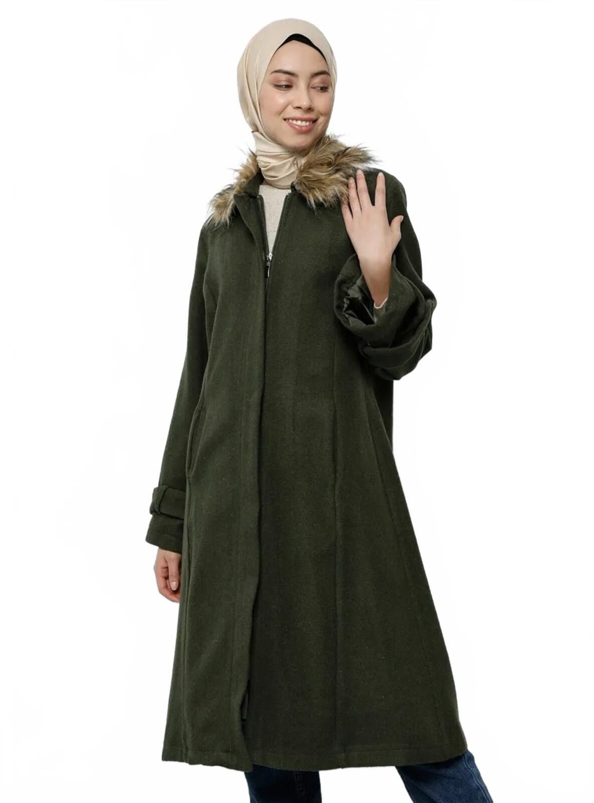 The Unbranded Brand Women's Long Dark Green Coat with Faux Fur Collar Size XL / US 12-14 / IT 48-50 - 1 Thumbnail